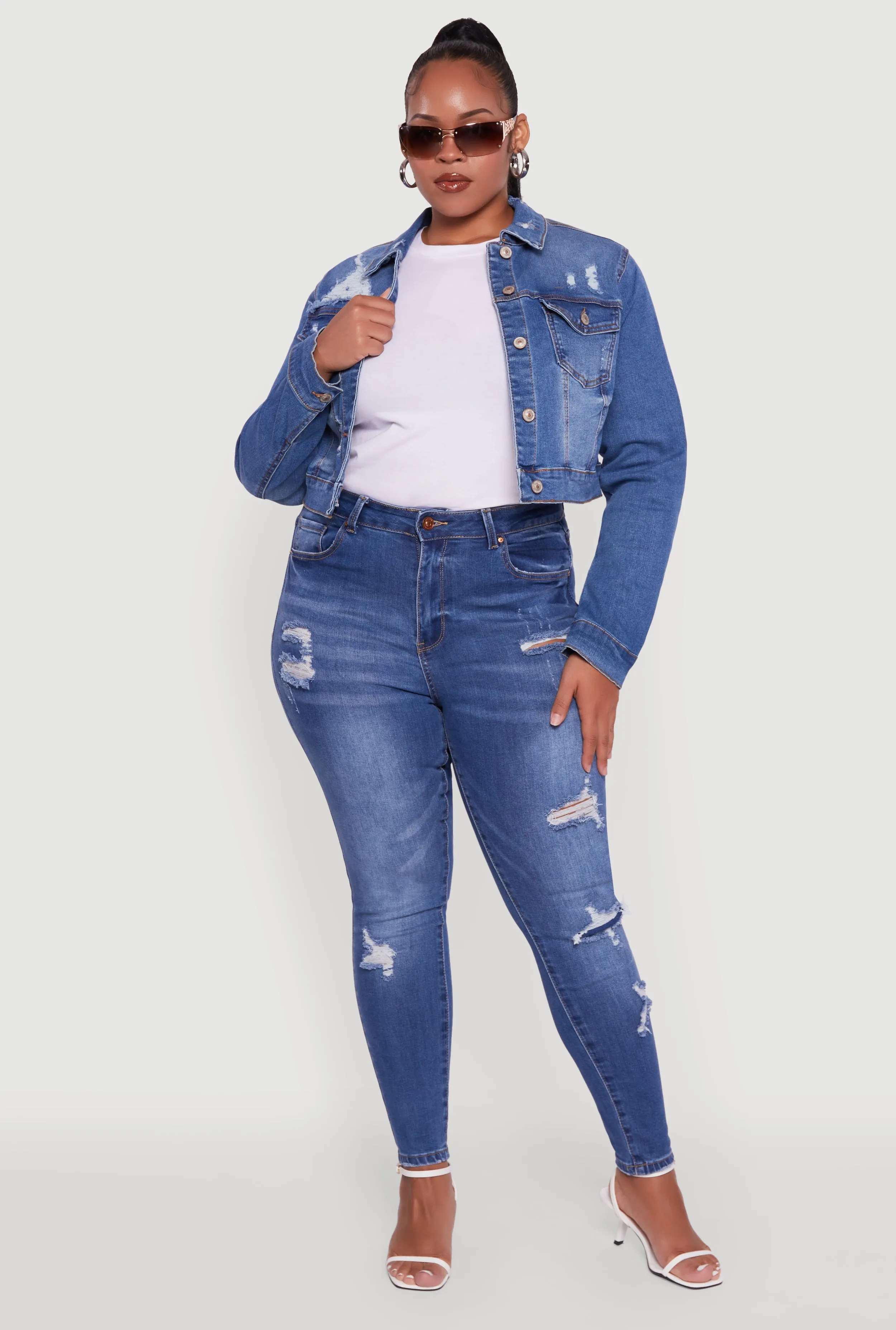 Plus Size Cropped Distressed Button Front Jean Jacket sold by Rainbow product image thumbnail 2