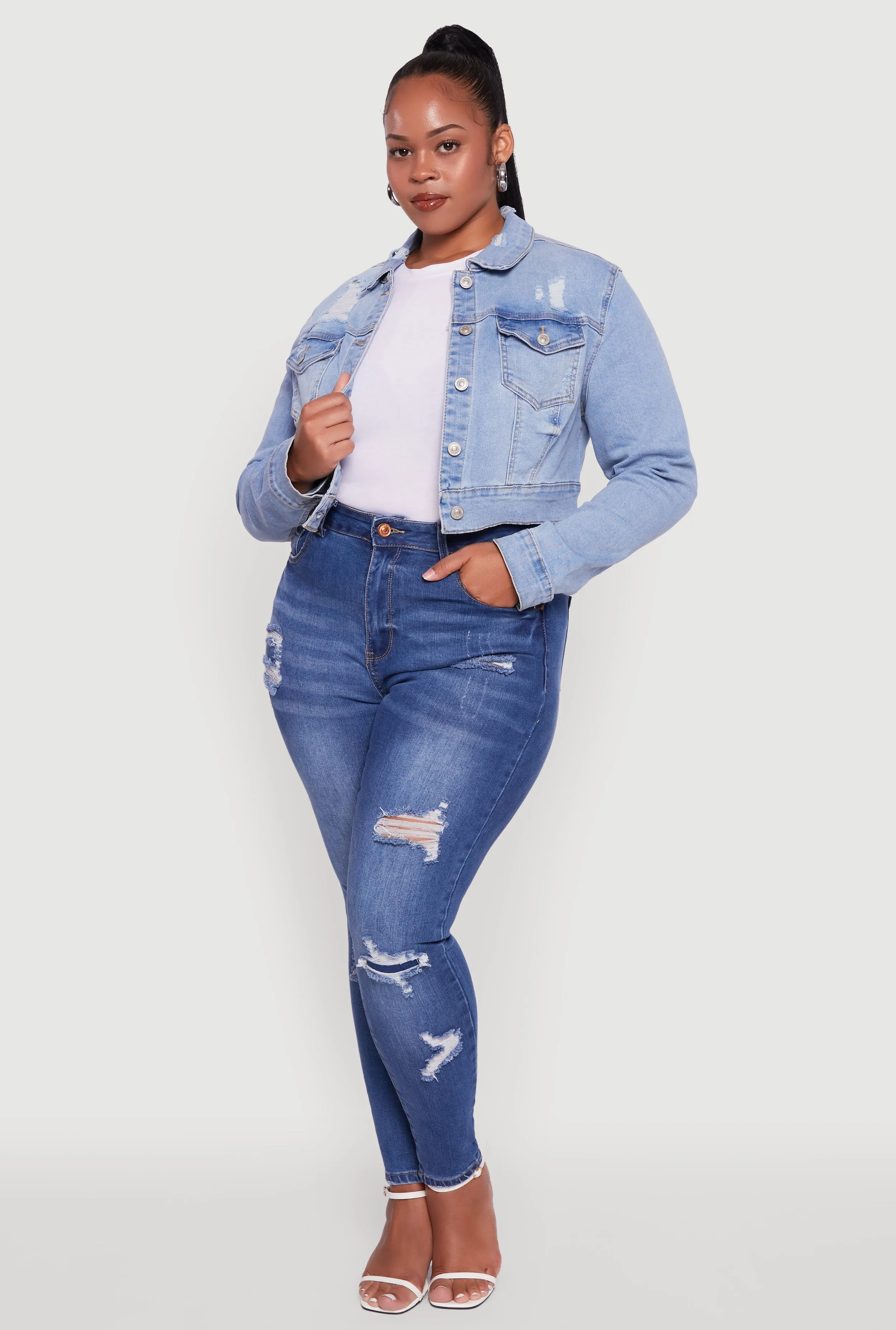 Plus Size Cropped Distressed Button Front Jean Jacket sold by Rainbow