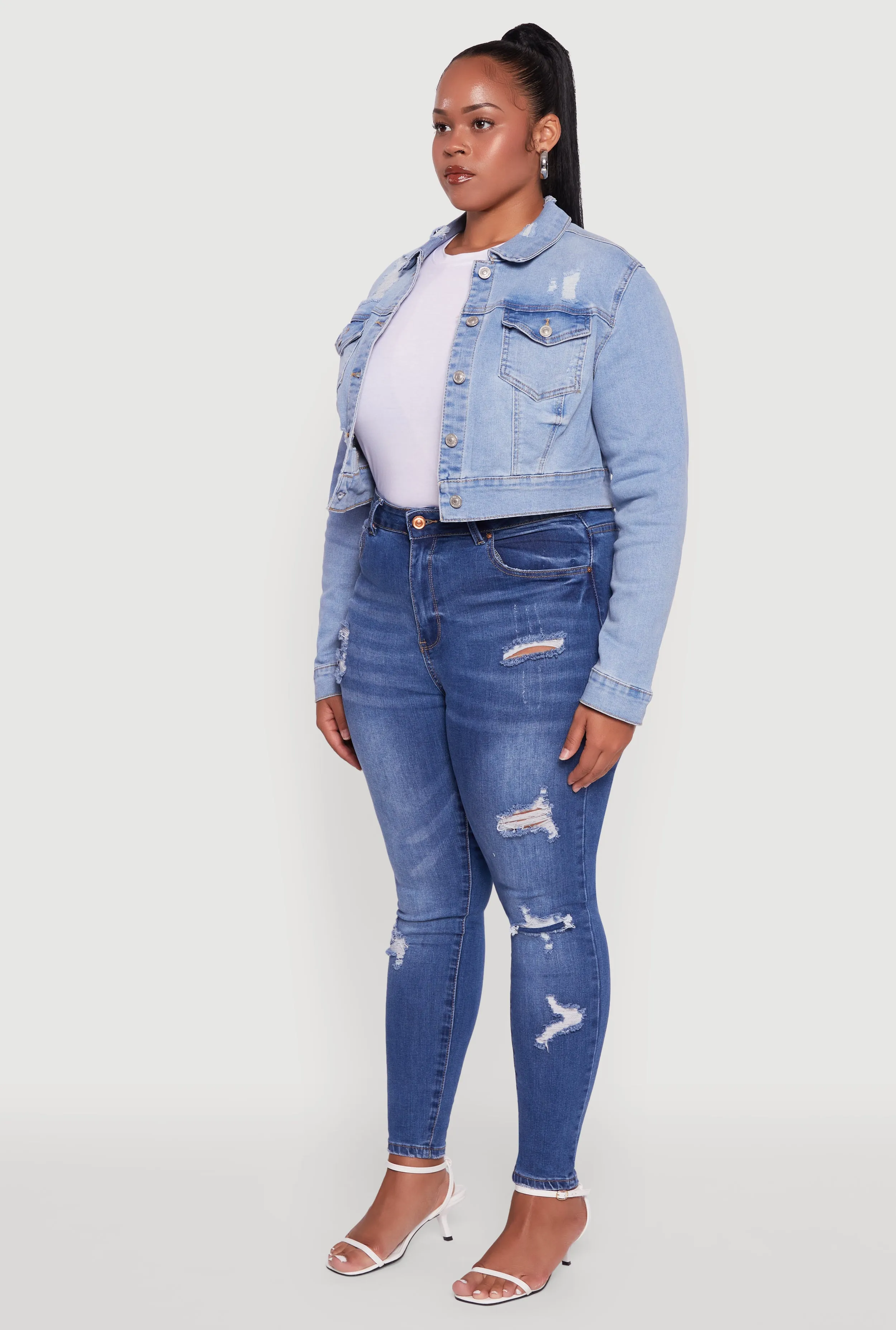 Plus Size Cropped Distressed Button Front Jean Jacket sold by Rainbow product image thumbnail 5
