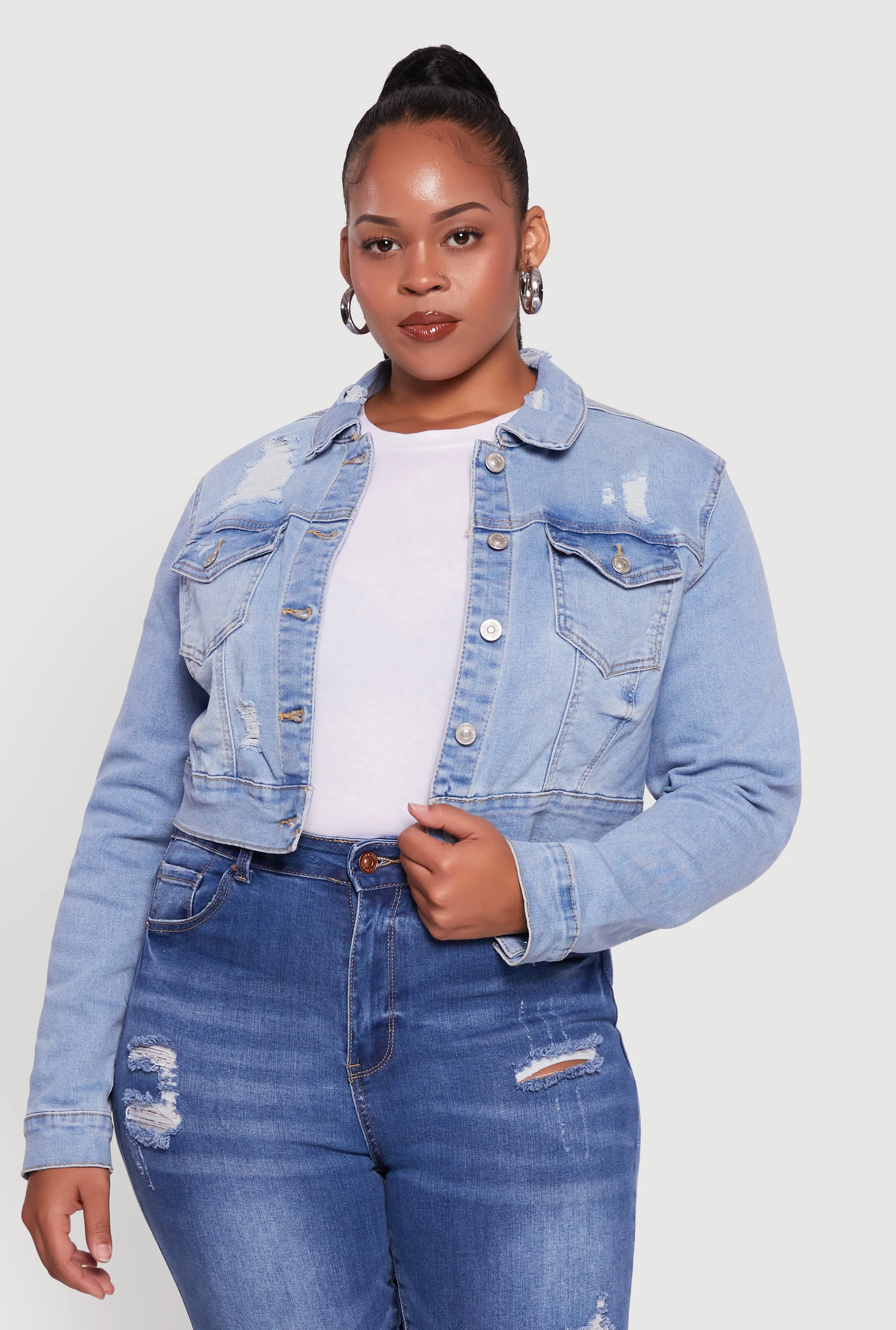 Plus Size Cropped Distressed Button Front Jean Jacket sold by Rainbow product image thumbnail 2