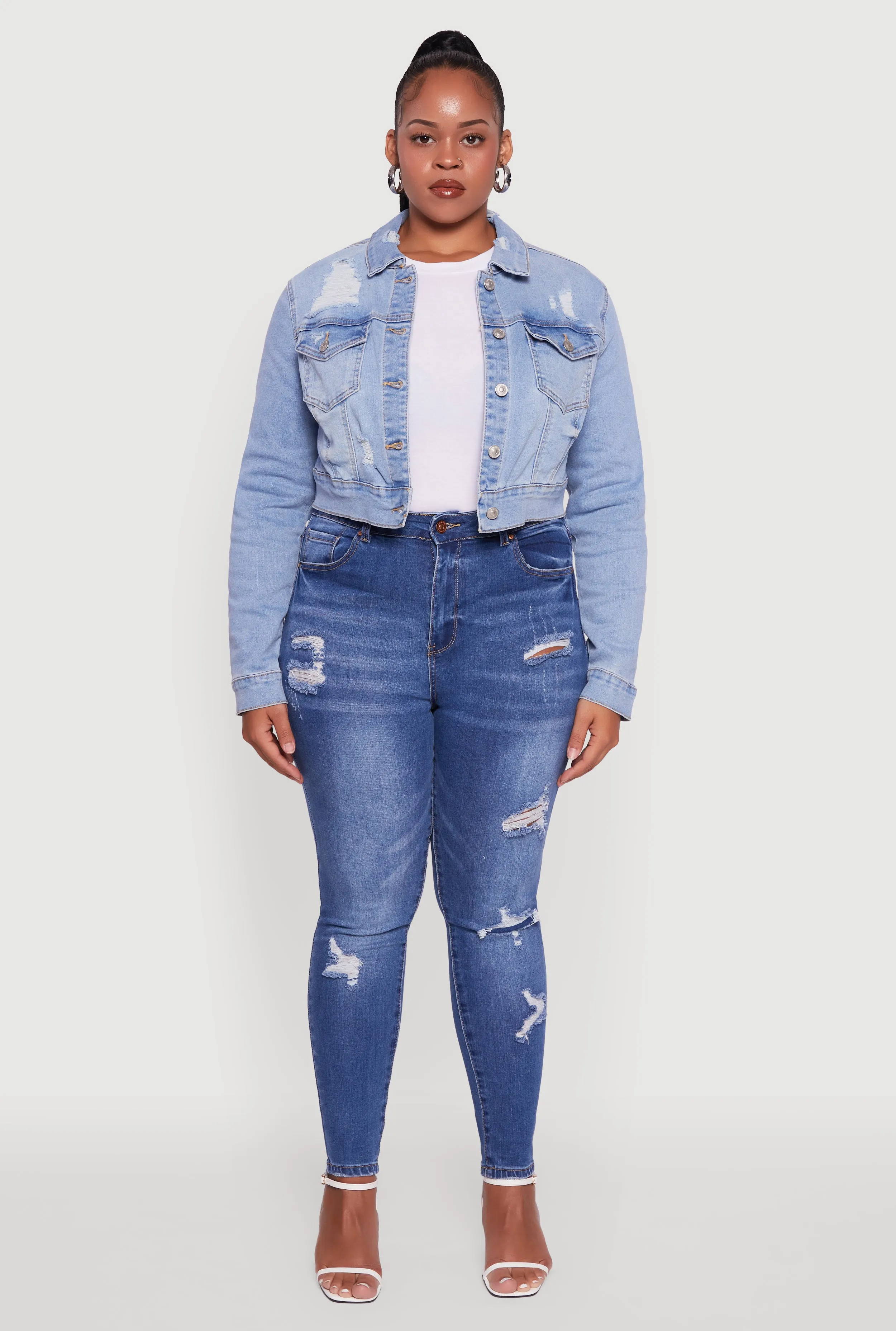 Plus Size Cropped Distressed Button Front Jean Jacket sold by Rainbow product image thumbnail 3