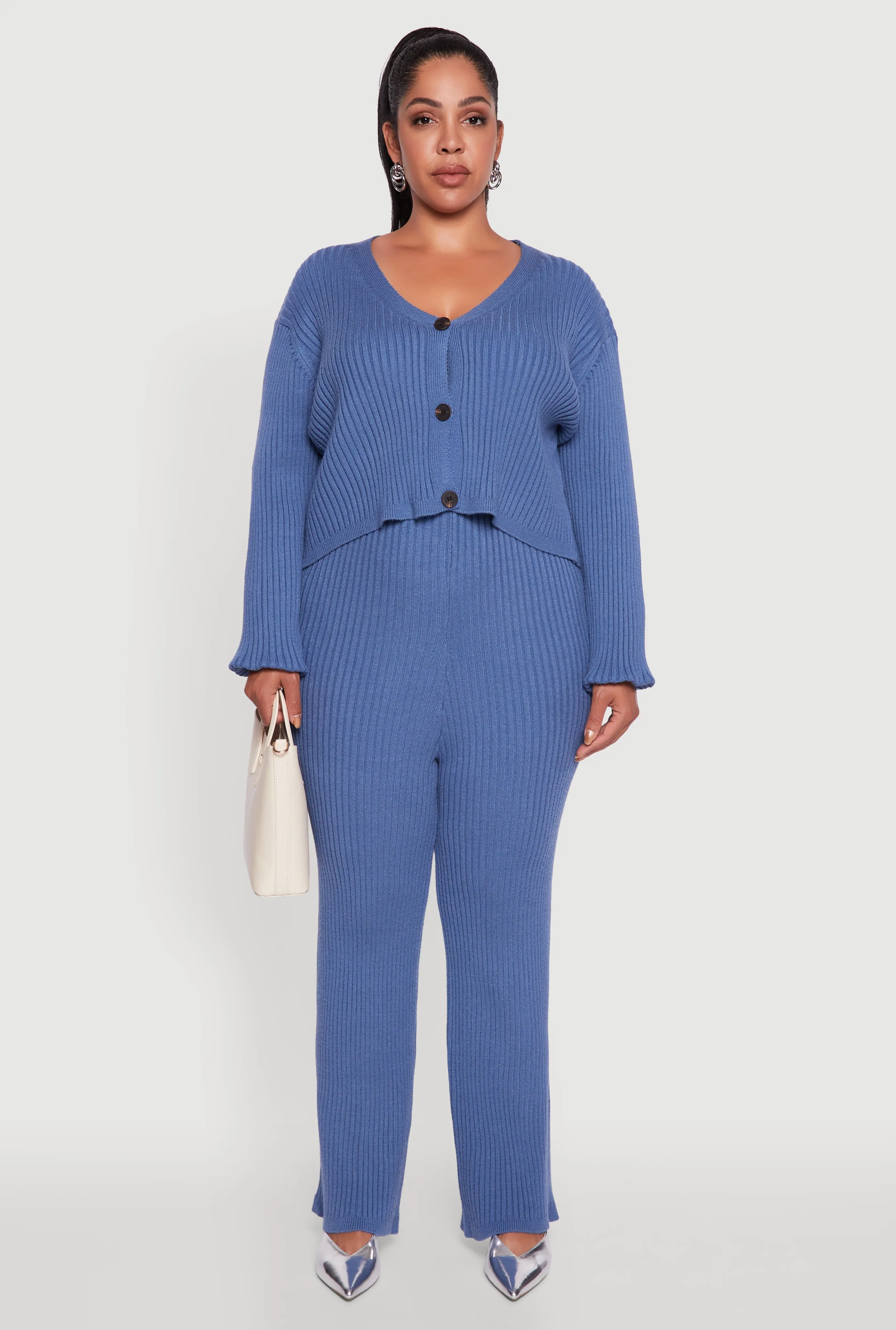 Plus Size Ribbed Knit V Neck Button Front Cardigan sold by Rainbow product image thumbnail 3