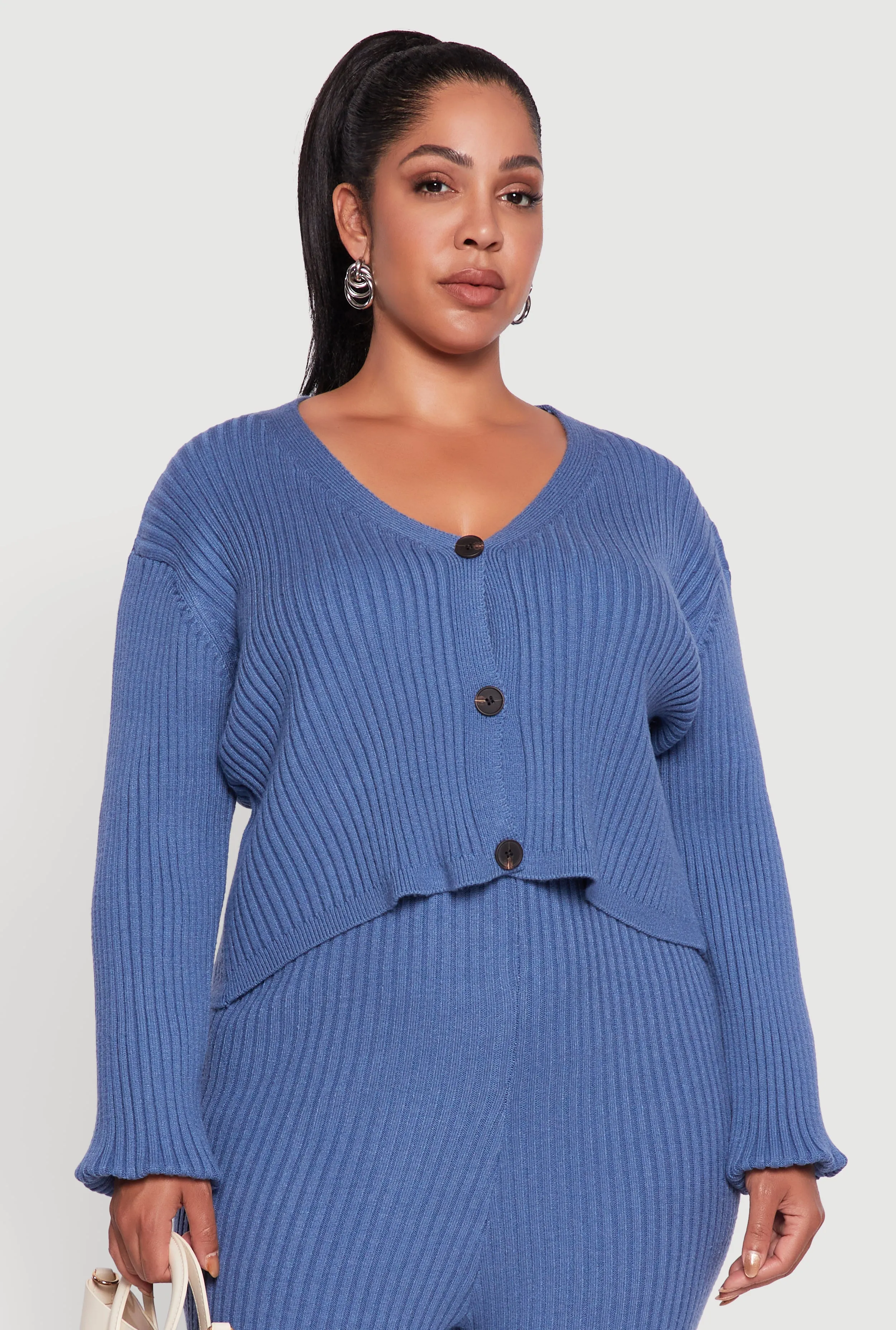 Plus Size Ribbed Knit V Neck Button Front Cardigan sold by Rainbow