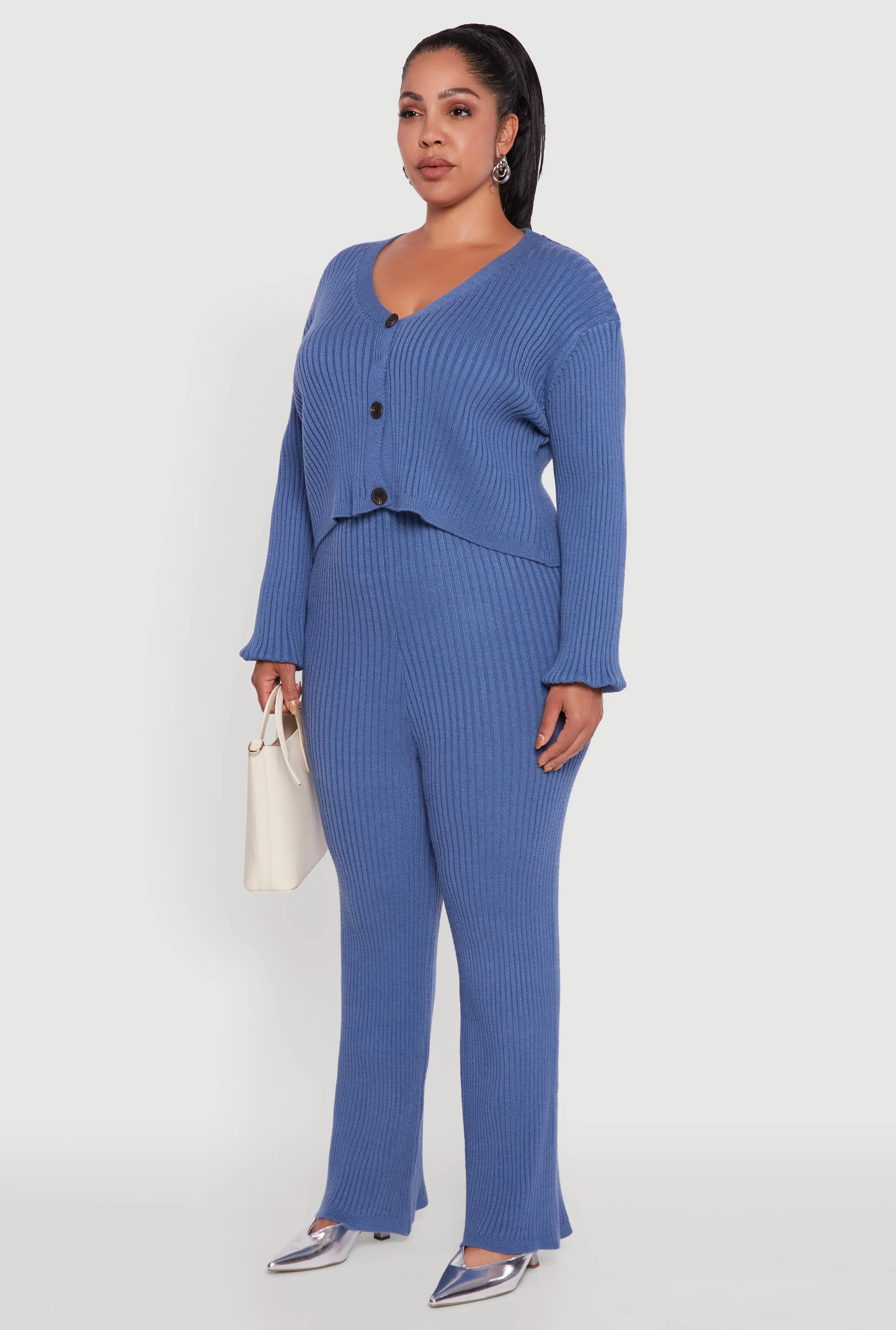 Plus Size Ribbed Knit V Neck Button Front Cardigan sold by Rainbow product image thumbnail 5