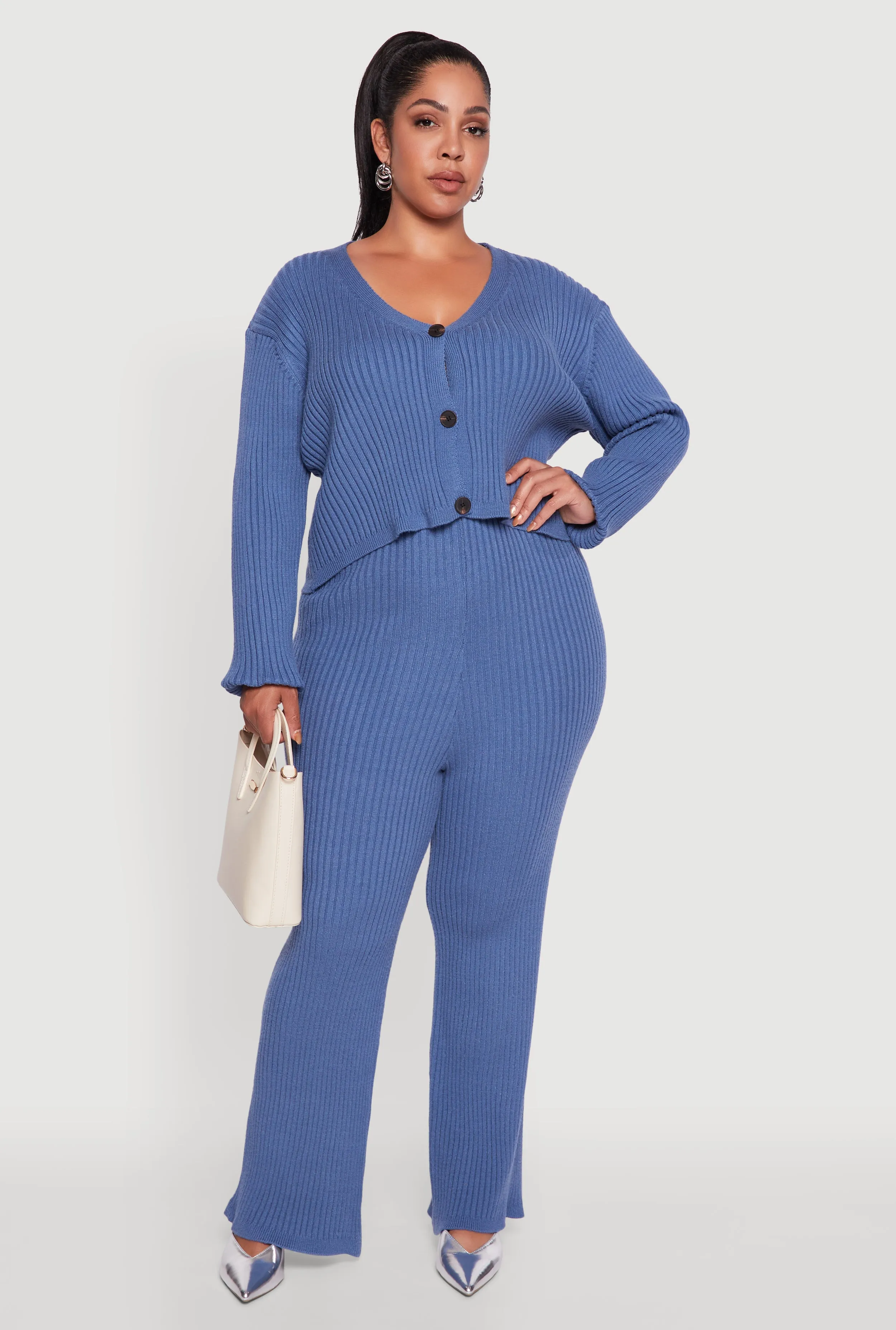 Plus Size Ribbed Knit V Neck Button Front Cardigan sold by Rainbow product image thumbnail 2