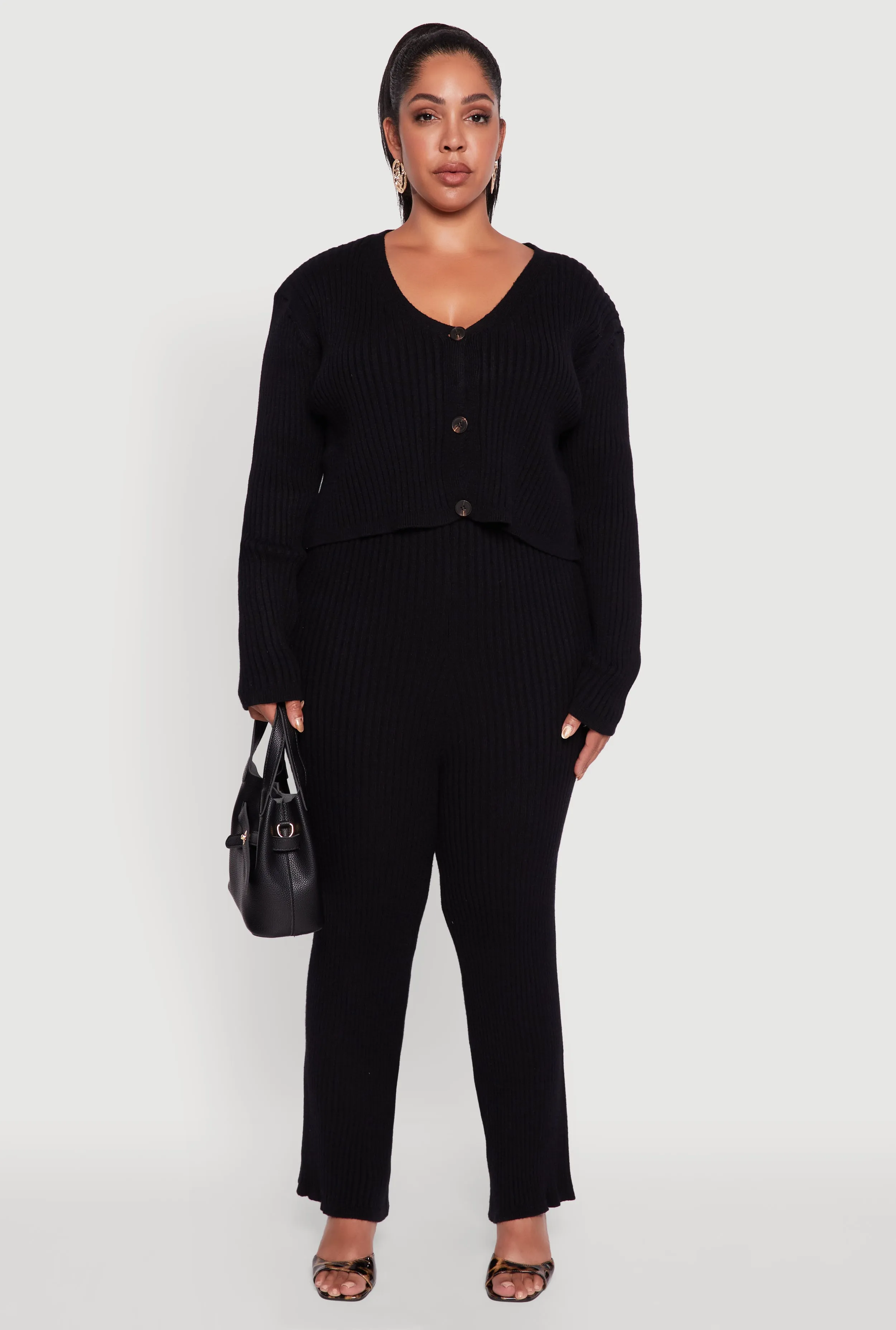 Plus Size Ribbed Knit V Neck Button Front Cardigan sold by Rainbow product image thumbnail 3