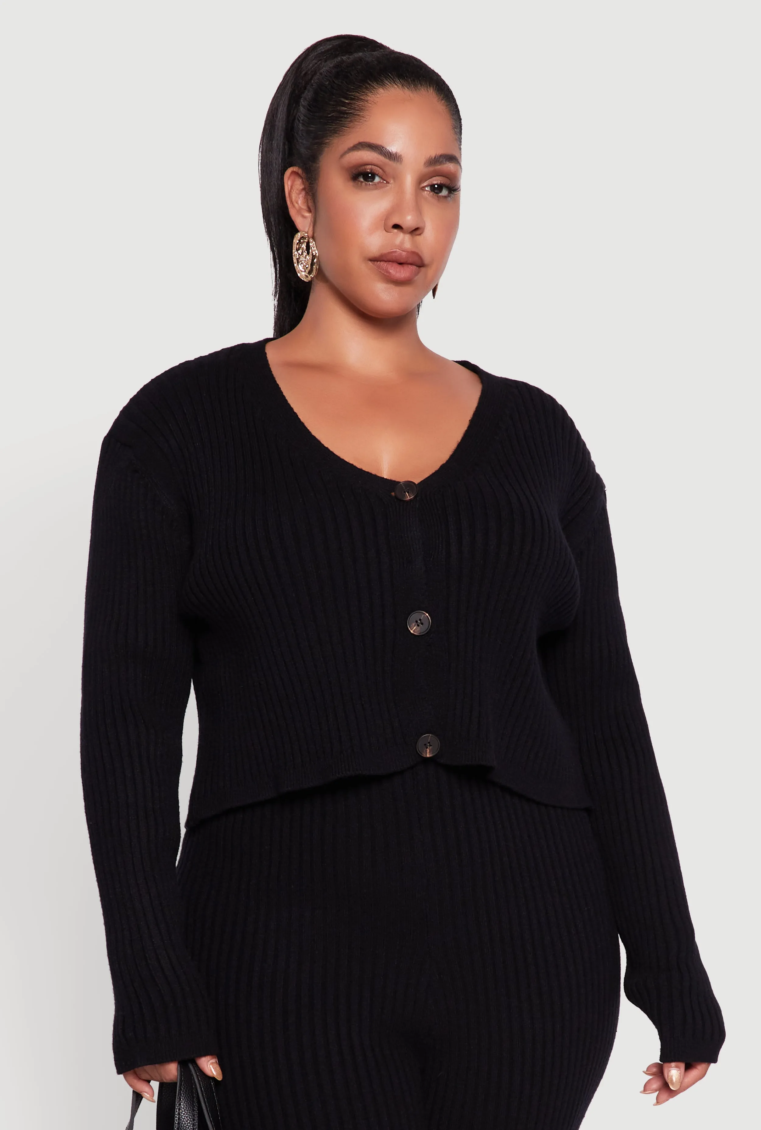 Plus Size Ribbed Knit V Neck Button Front Cardigan sold by Rainbow