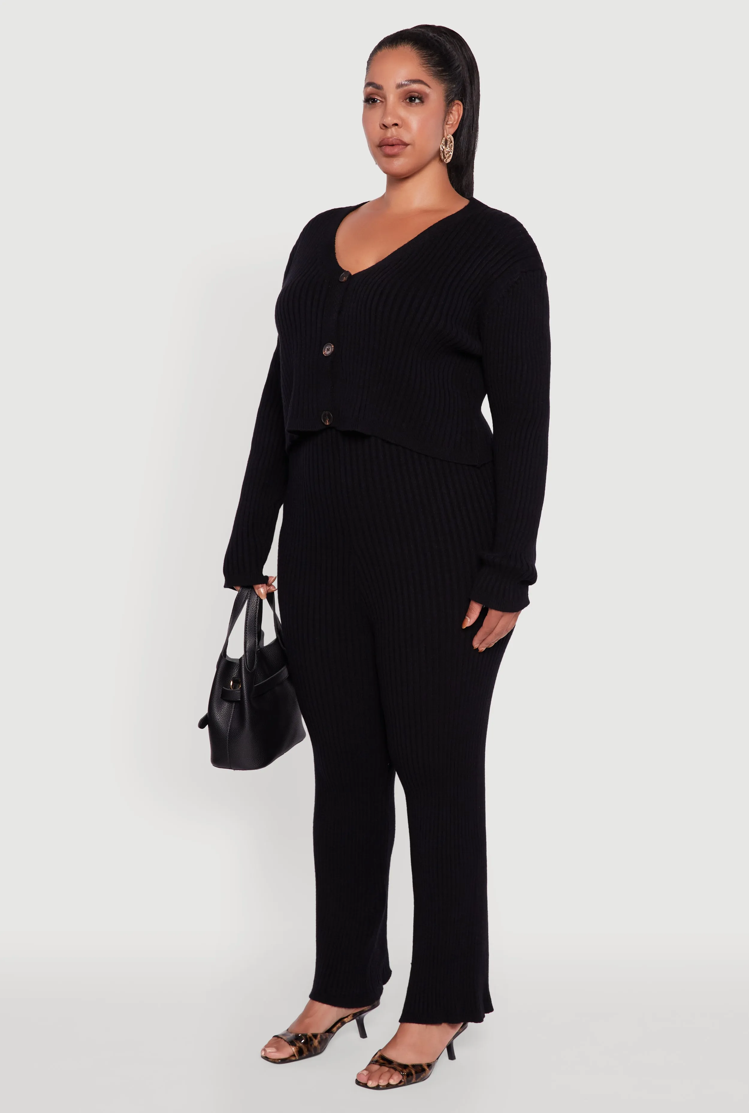 Plus Size Ribbed Knit V Neck Button Front Cardigan sold by Rainbow product image thumbnail 5