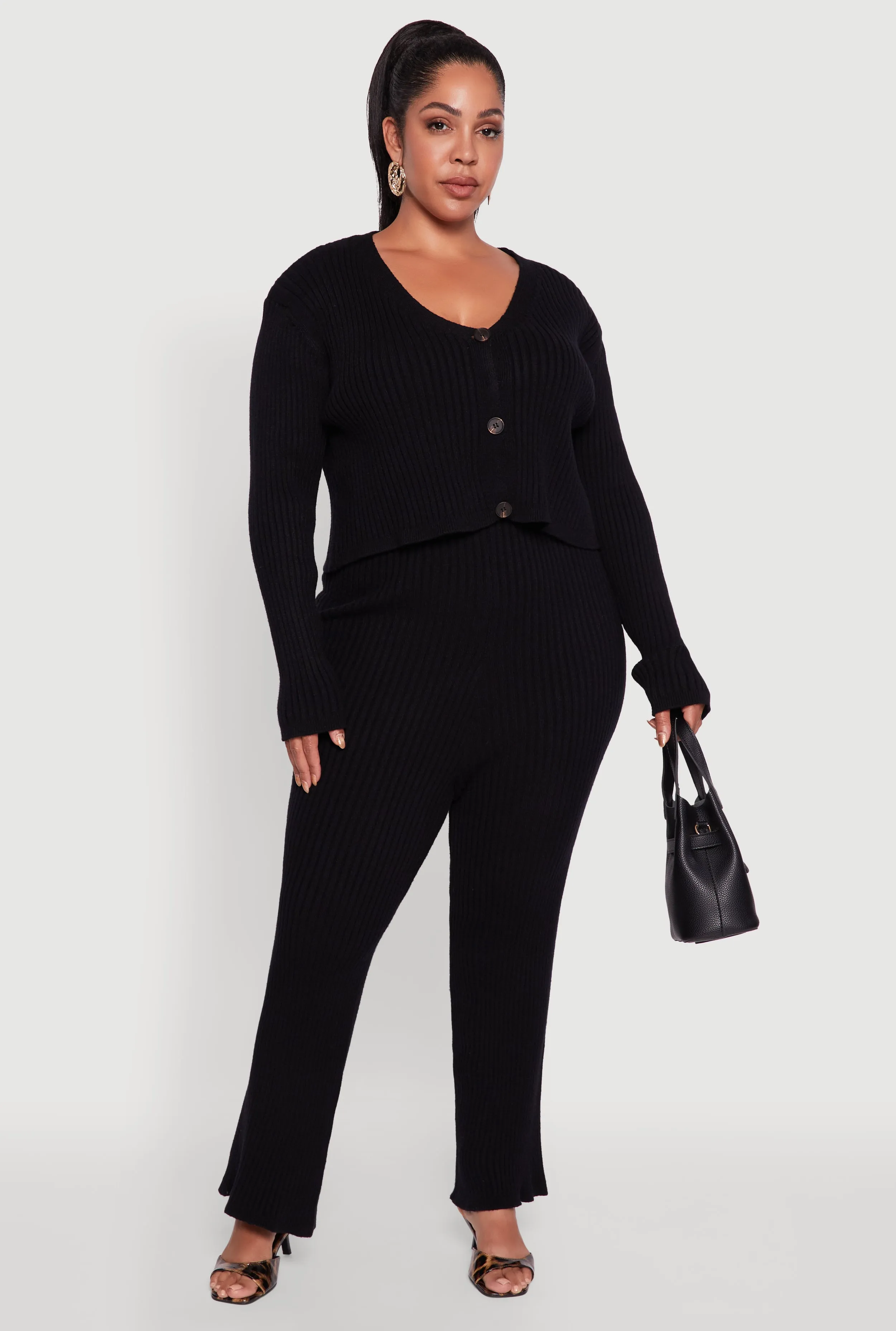 Plus Size Ribbed Knit V Neck Button Front Cardigan sold by Rainbow product image thumbnail 2