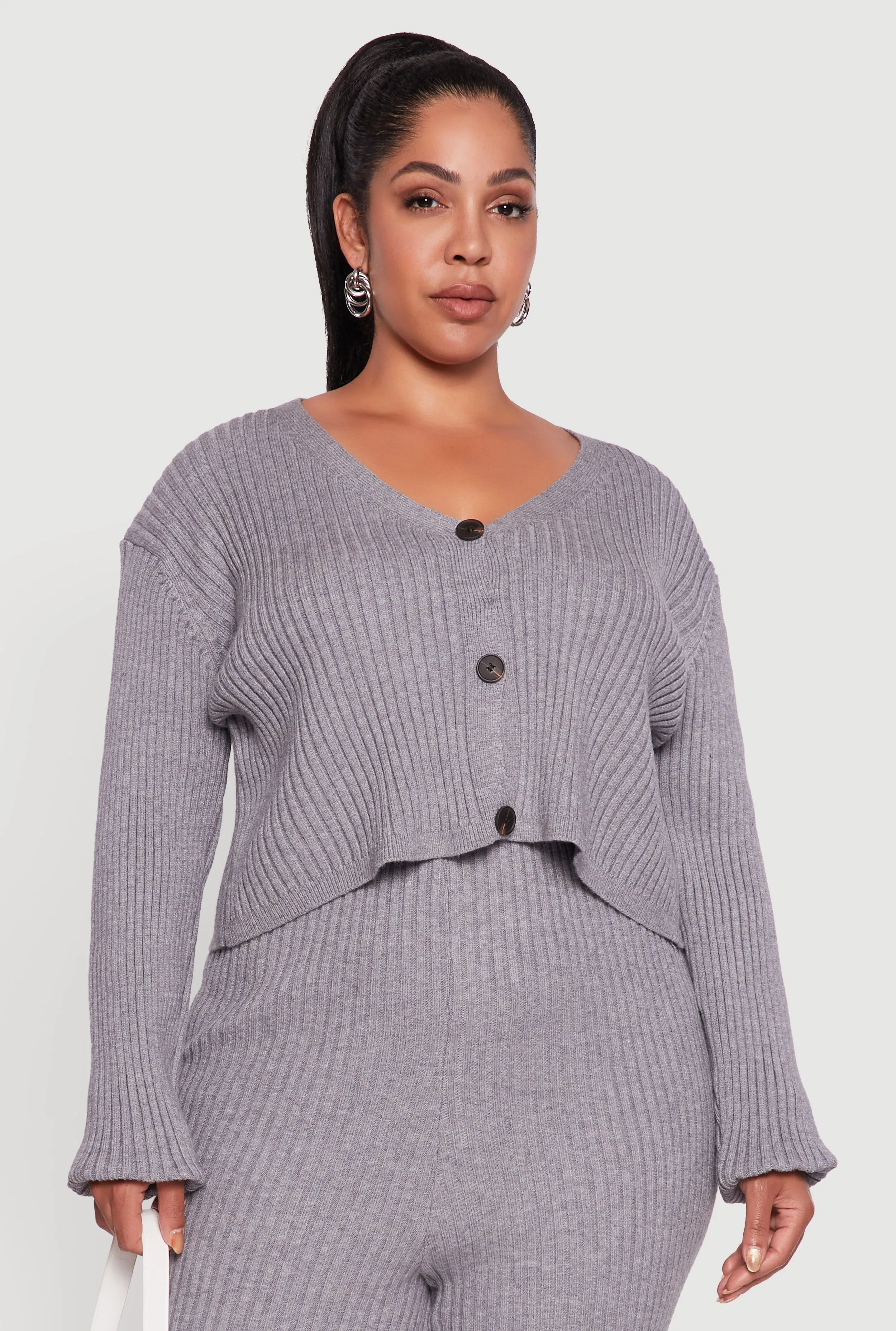 Plus Size Ribbed Knit V Neck Button Front Cardigan sold by Rainbow product image thumbnail 5