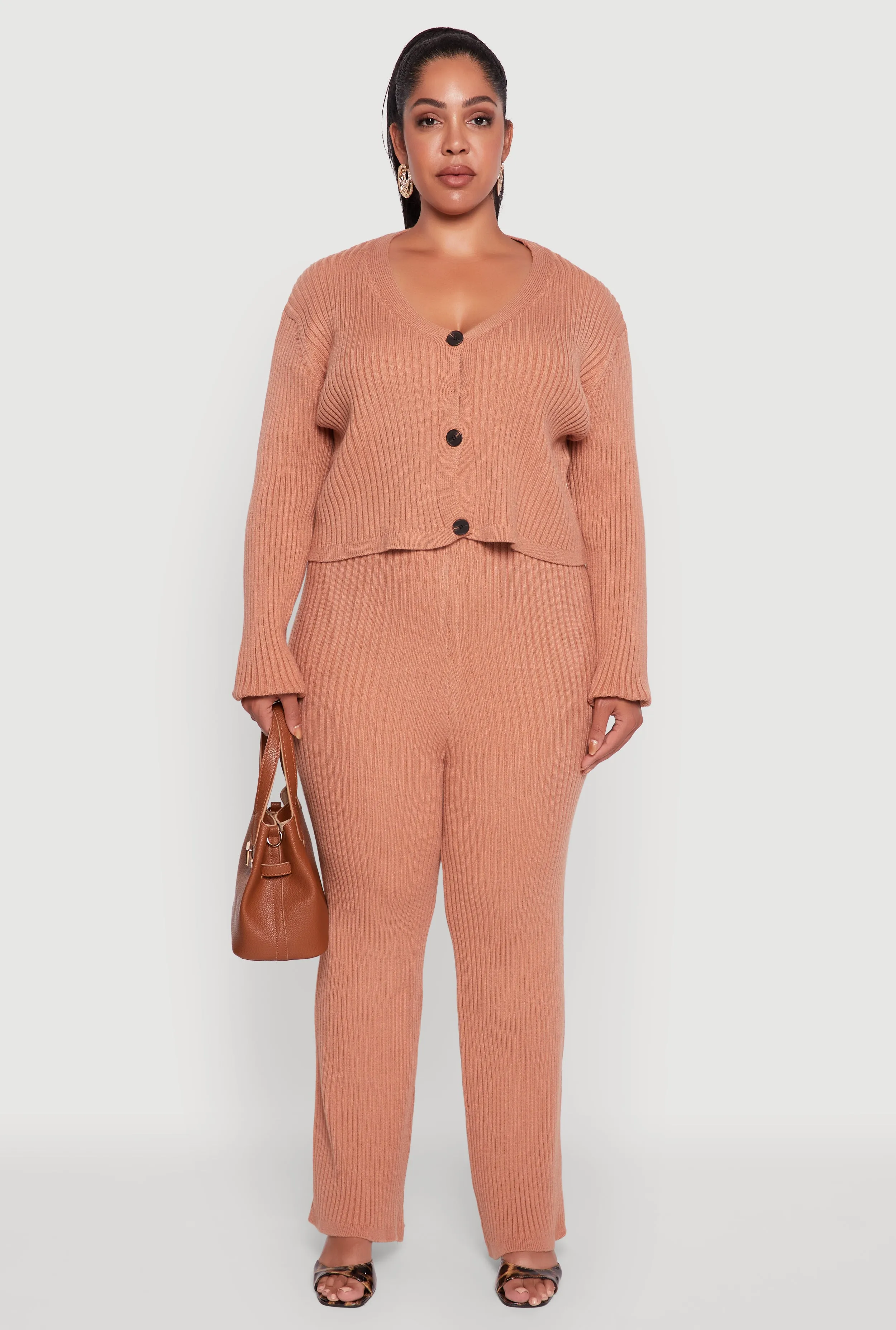 Plus Size High Waisted Ribbed Knit Solid Straight Leg Pants sold by Rainbow product image thumbnail 2