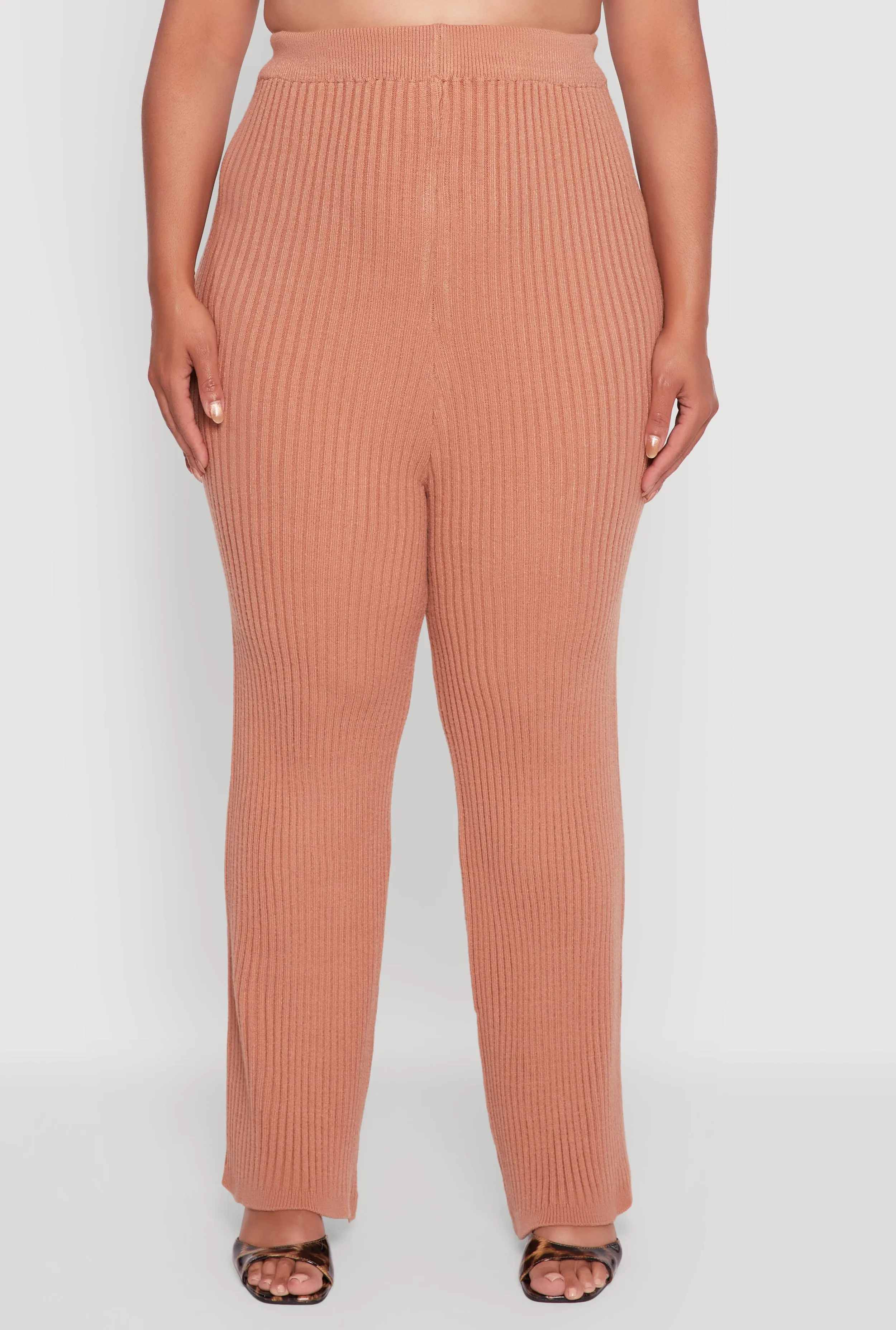 Plus Size High Waisted Ribbed Knit Solid Straight Leg Pants sold by Rainbow product image thumbnail 3