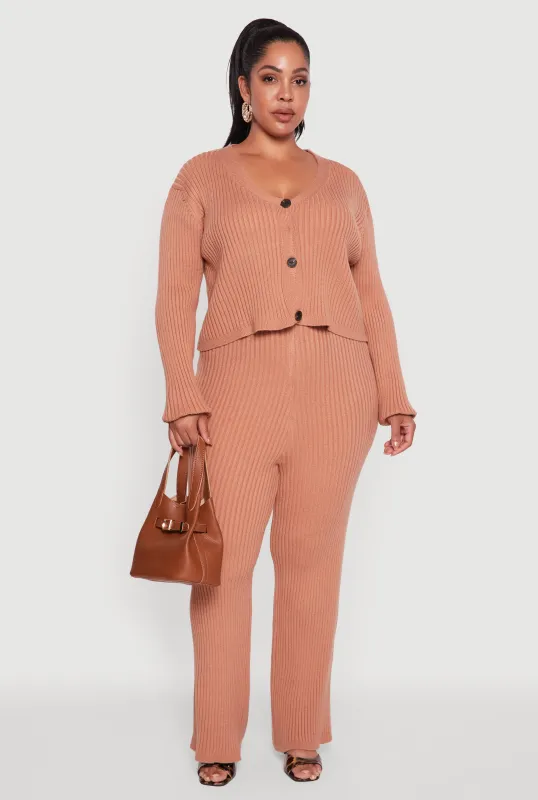Plus Size High Waisted Ribbed Knit Solid Straight Leg Pants sold by Rainbow