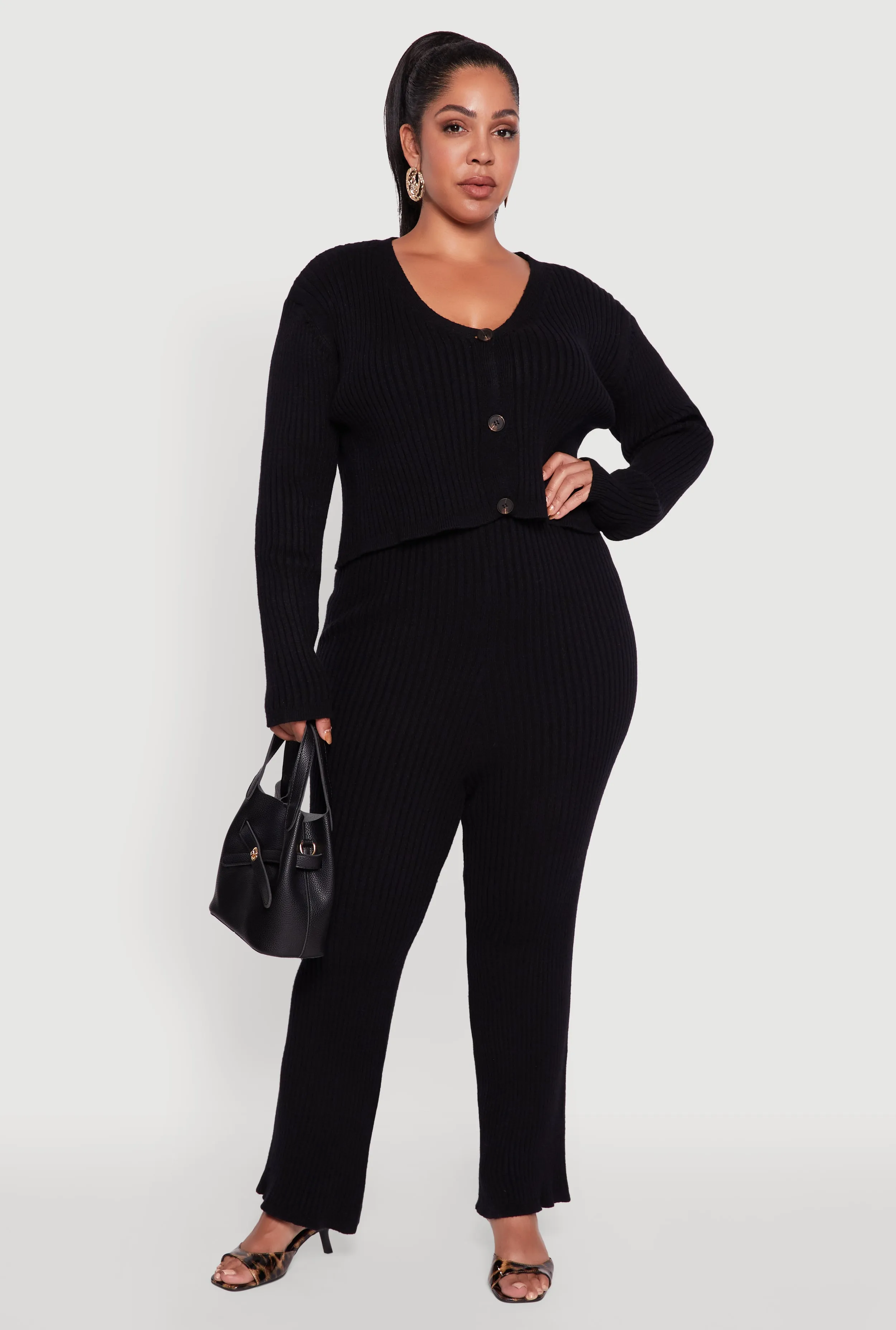 Plus Size High Waisted Ribbed Knit Solid Straight Leg Pants sold by Rainbow