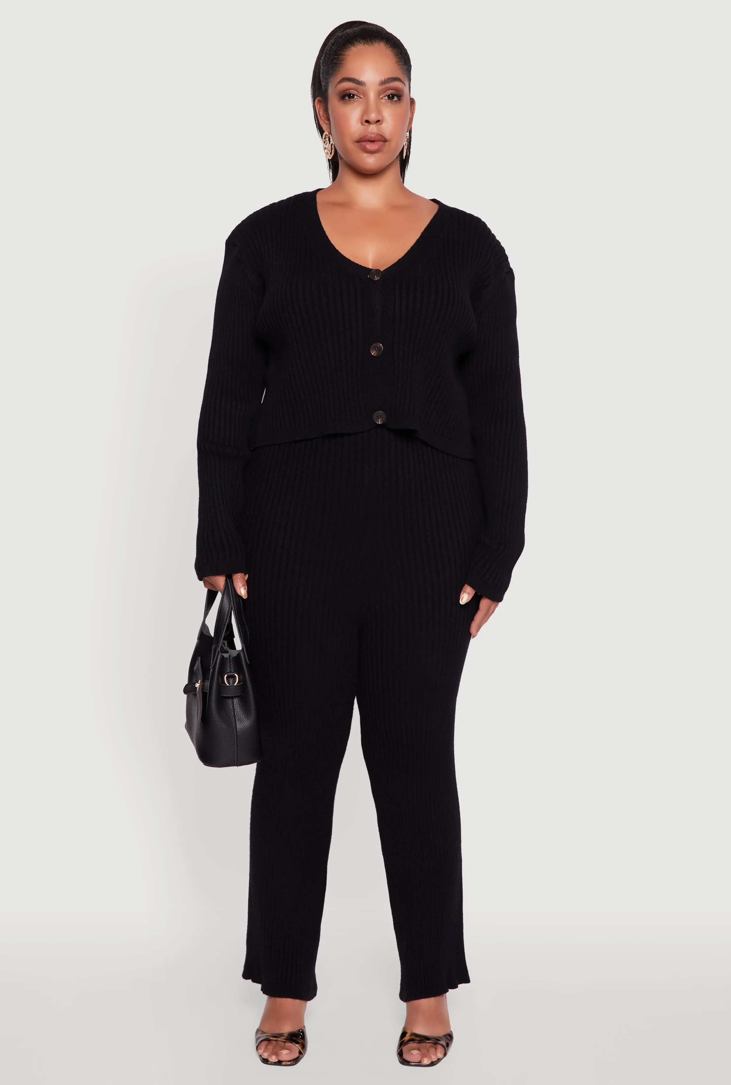 Plus Size High Waisted Ribbed Knit Solid Straight Leg Pants sold by Rainbow product image thumbnail 2