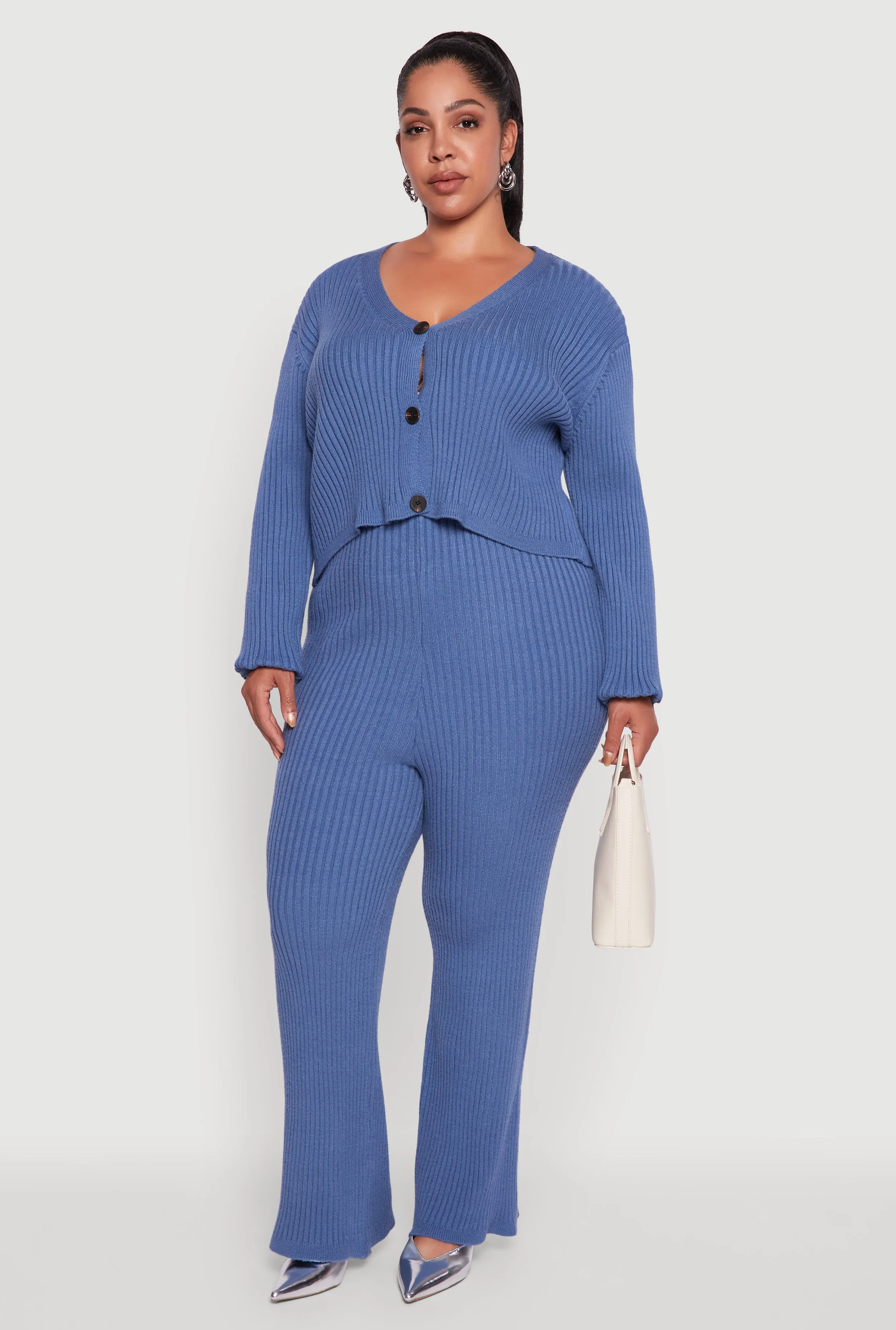 Plus Size High Waisted Ribbed Knit Solid Straight Leg Pants sold by Rainbow