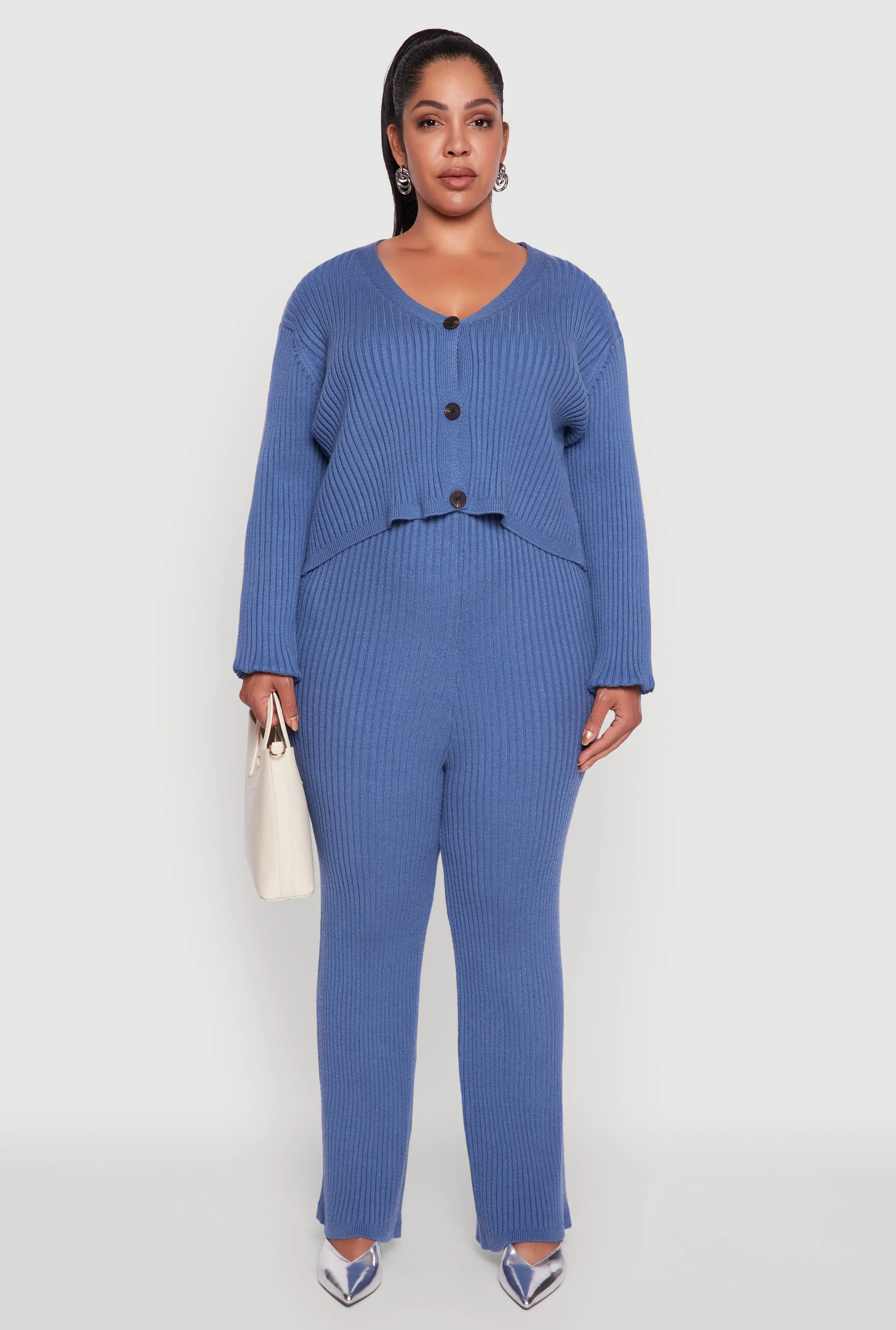 Plus Size High Waisted Ribbed Knit Solid Straight Leg Pants sold by Rainbow product image thumbnail 2