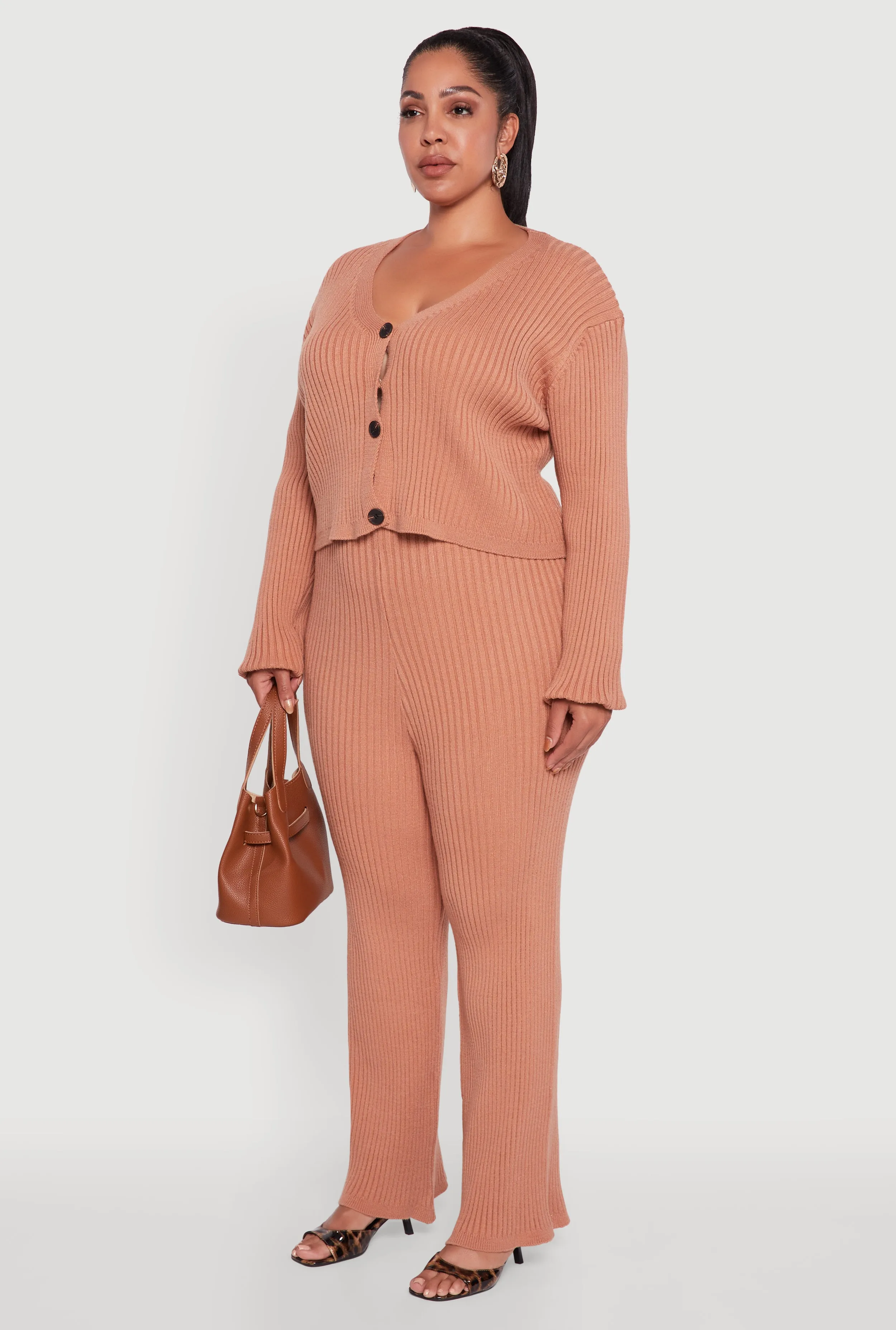 Plus Size Ribbed Knit V Neck Button Front Cardigan sold by Rainbow product image thumbnail 5