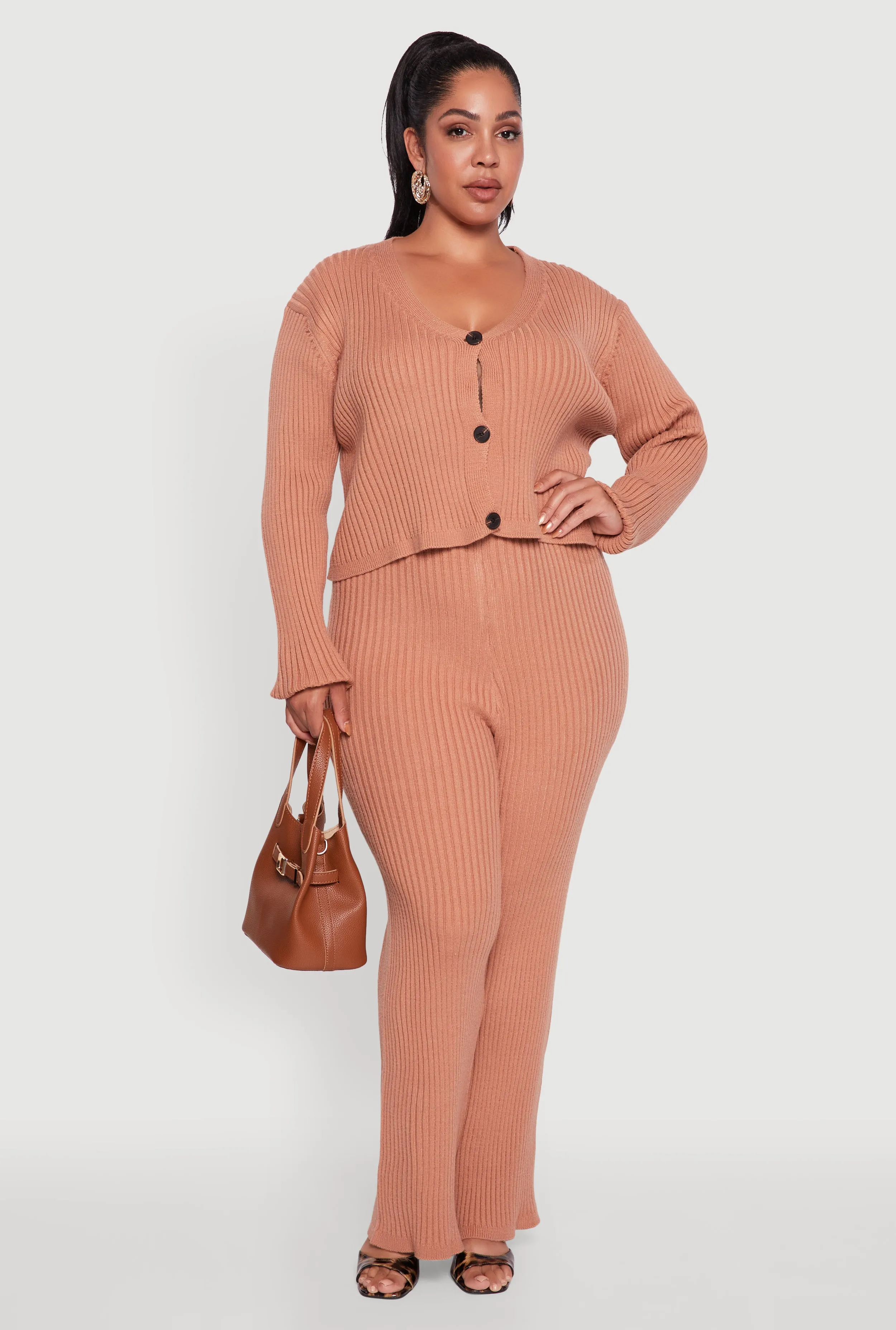 Plus Size Ribbed Knit V Neck Button Front Cardigan sold by Rainbow product image thumbnail 2