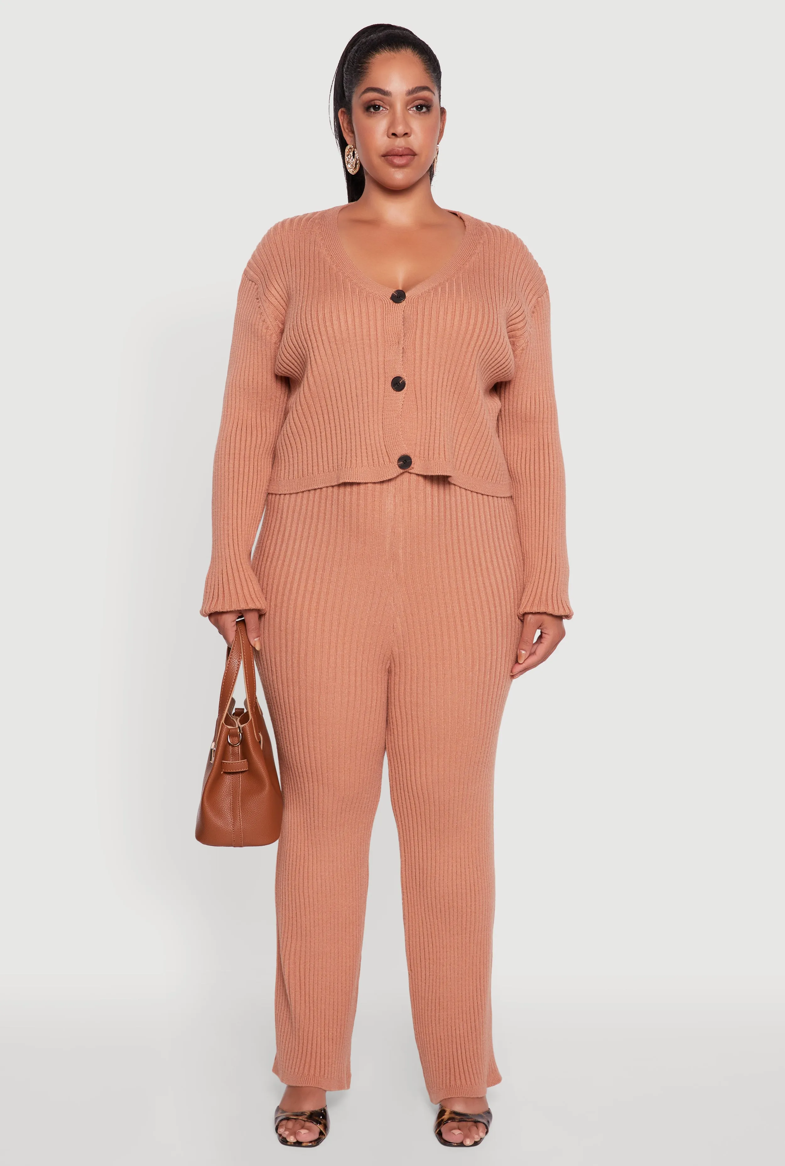 Plus Size Ribbed Knit V Neck Button Front Cardigan sold by Rainbow product image thumbnail 3