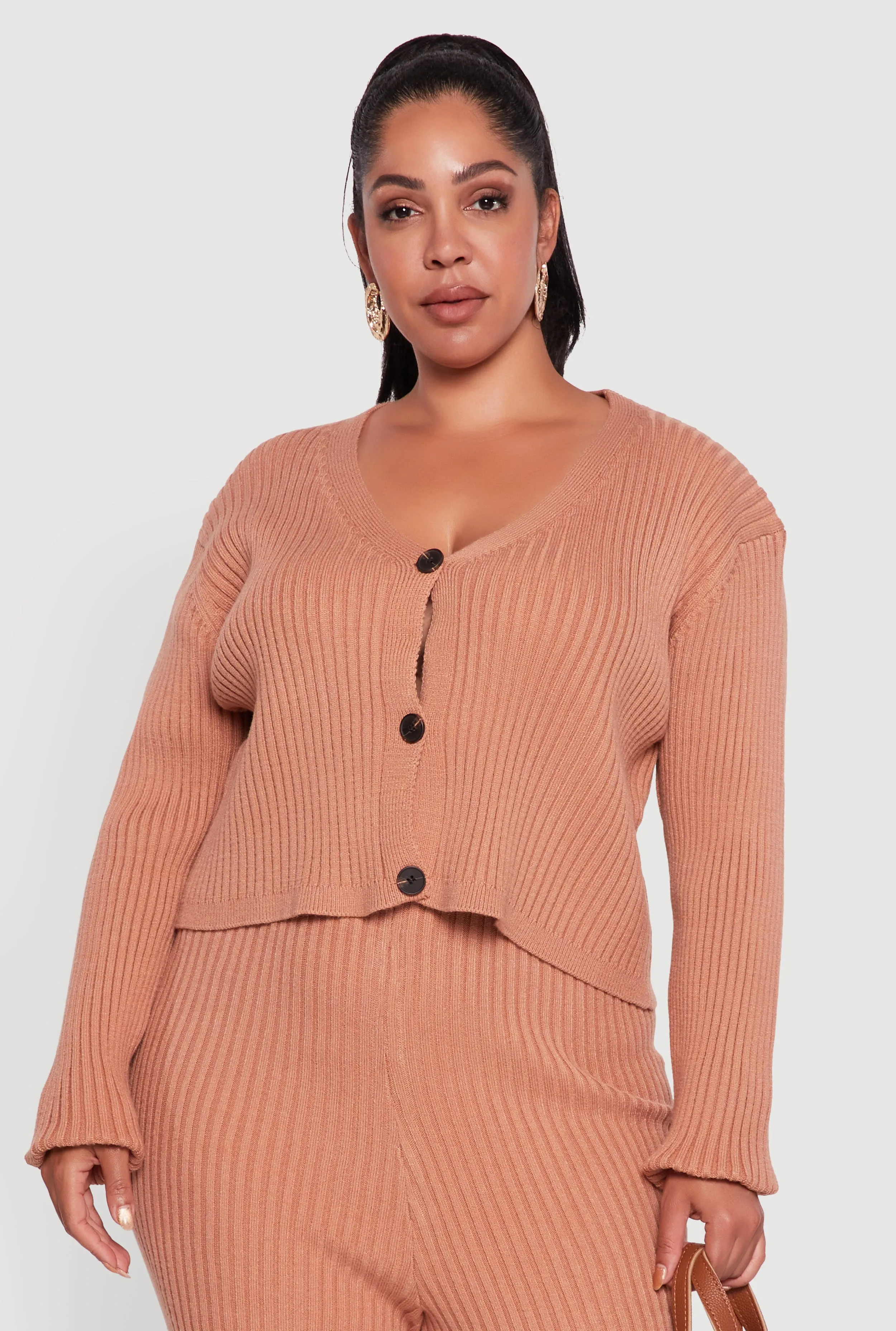 Plus Size Ribbed Knit V Neck Button Front Cardigan sold by Rainbow
