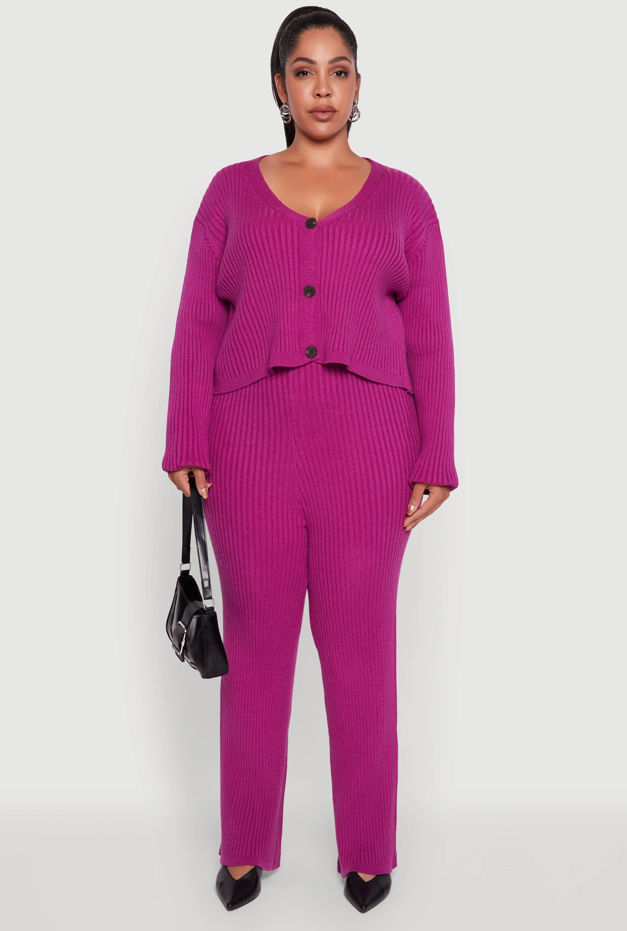 Plus Size High Waisted Ribbed Knit Solid Straight Leg Pants sold by Rainbow product image thumbnail 2