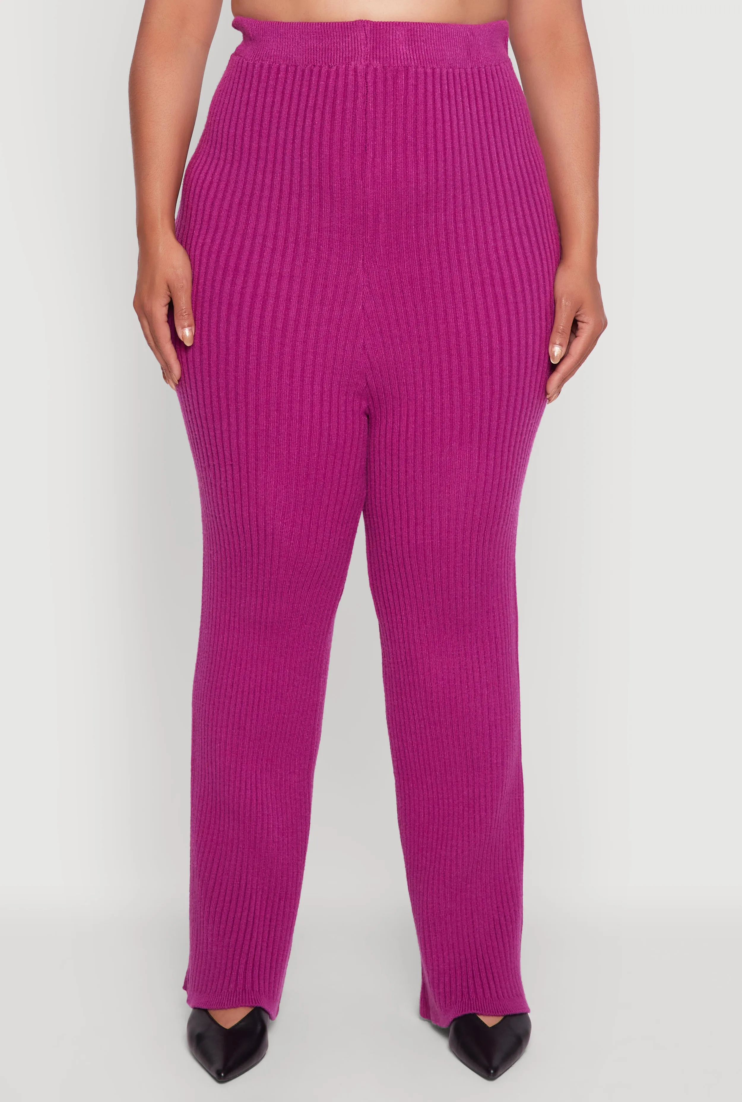 Plus Size High Waisted Ribbed Knit Solid Straight Leg Pants sold by Rainbow product image thumbnail 3
