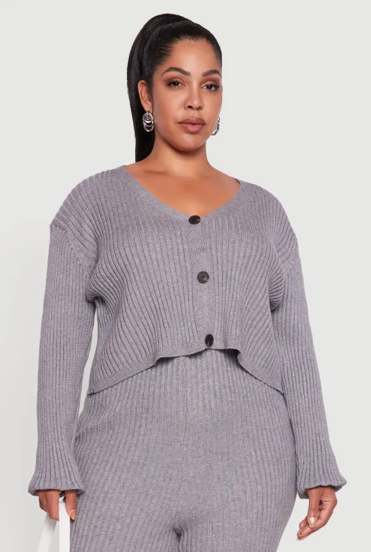 Plus Size Ribbed Knit V Neck Button Front Cardigan sold by Rainbow