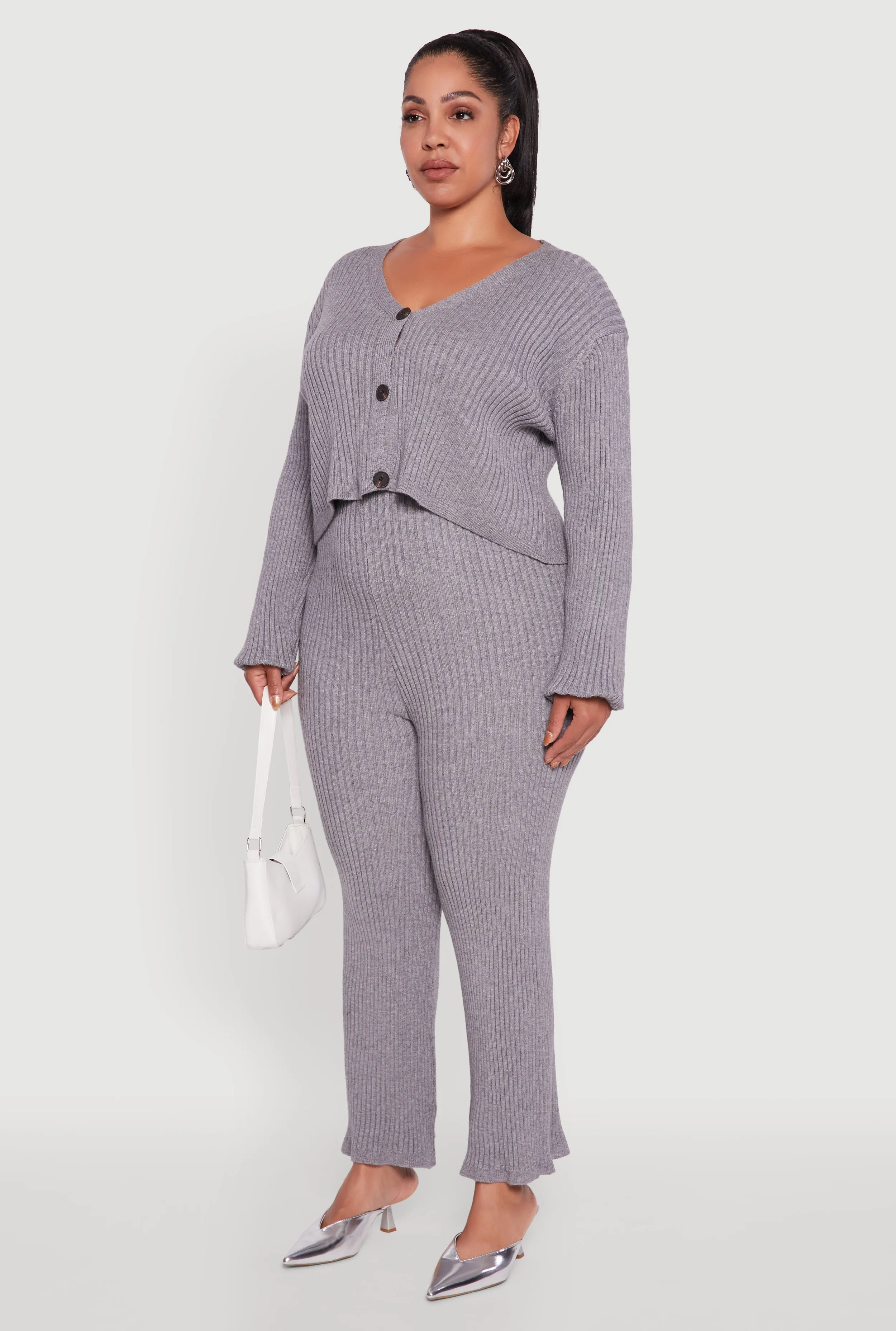 Plus Size Ribbed Knit V Neck Button Front Cardigan sold by Rainbow product image thumbnail 5