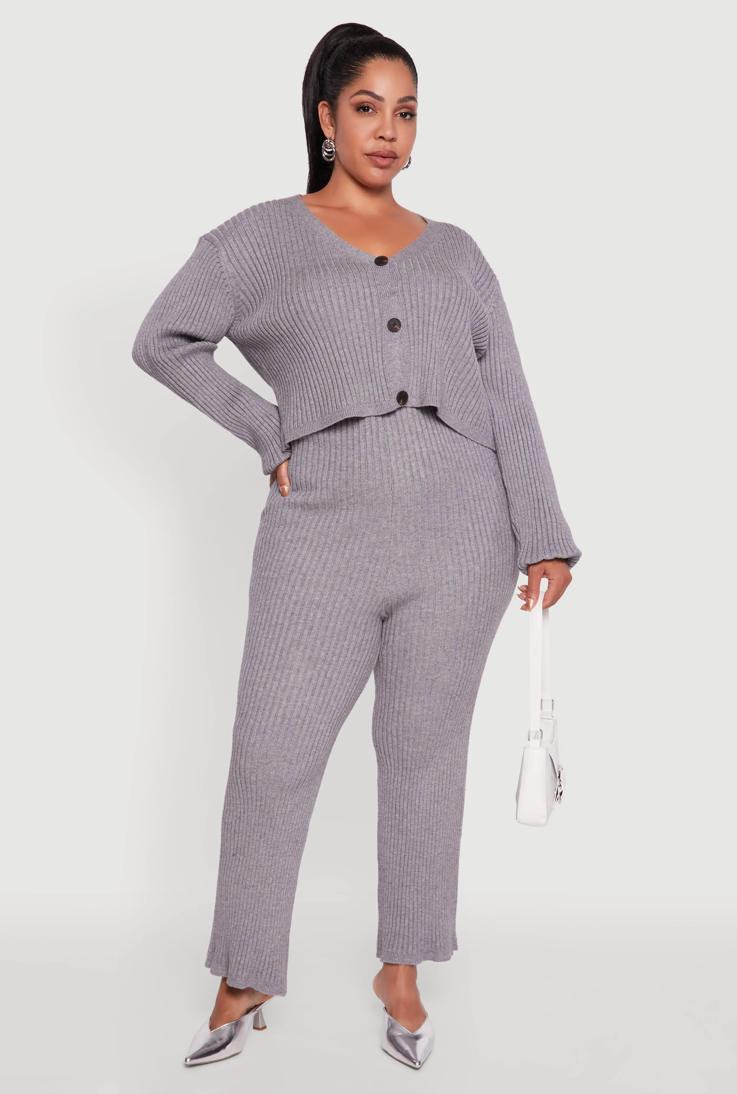 Plus Size Ribbed Knit V Neck Button Front Cardigan sold by Rainbow product image thumbnail 2