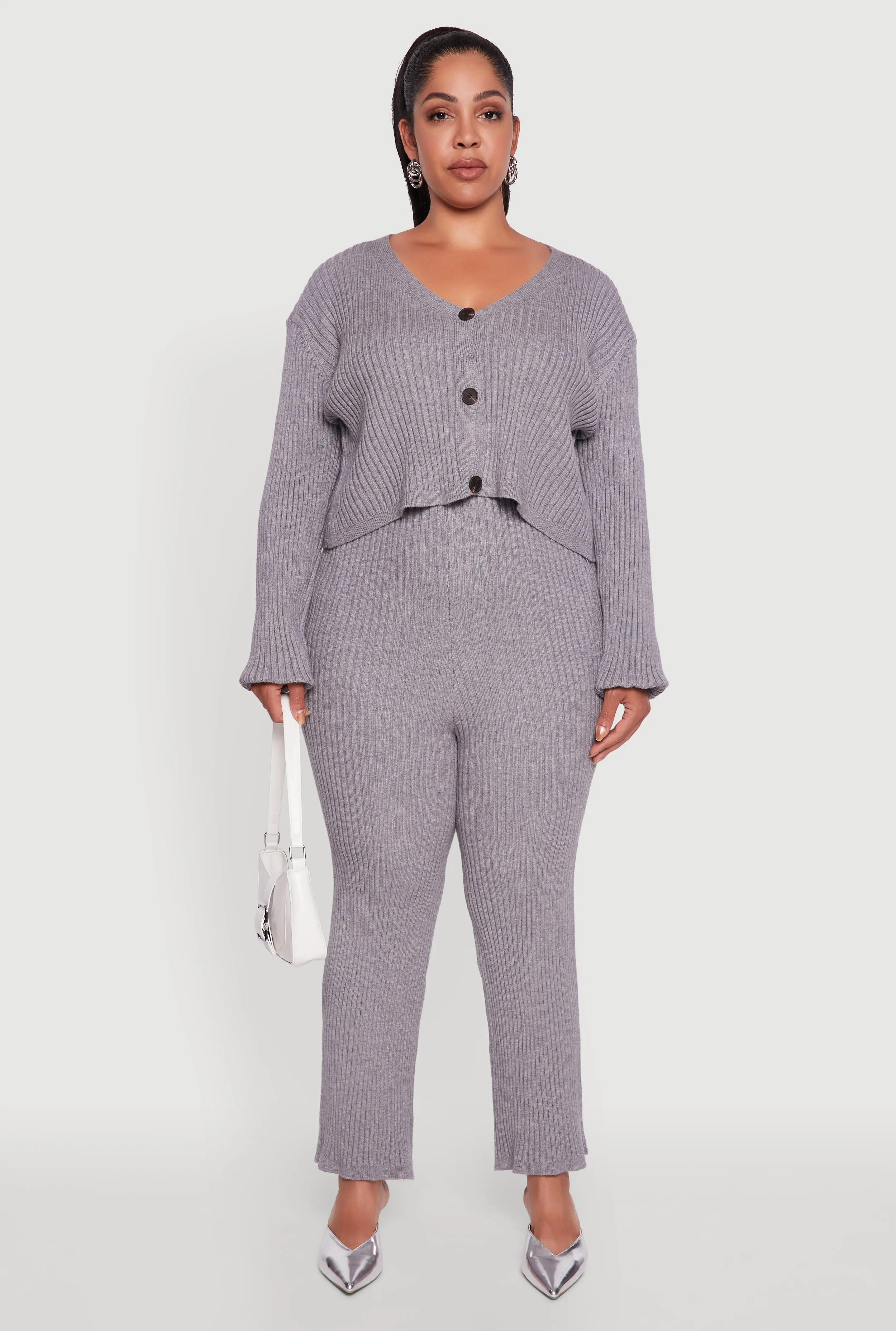 Plus Size Ribbed Knit V Neck Button Front Cardigan sold by Rainbow product image thumbnail 3