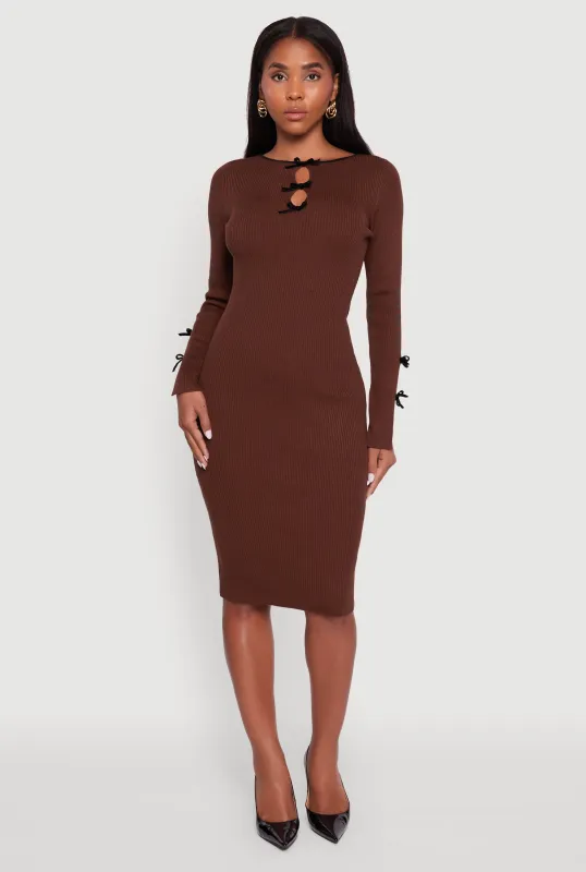 Ribbed Knit Bow Detail Sweater Midi Dress sold by Rainbow