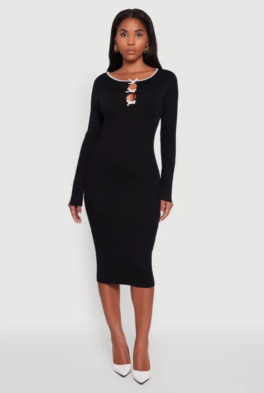 Ribbed Knit Bow Detail Sweater Midi Dress sold by Rainbow