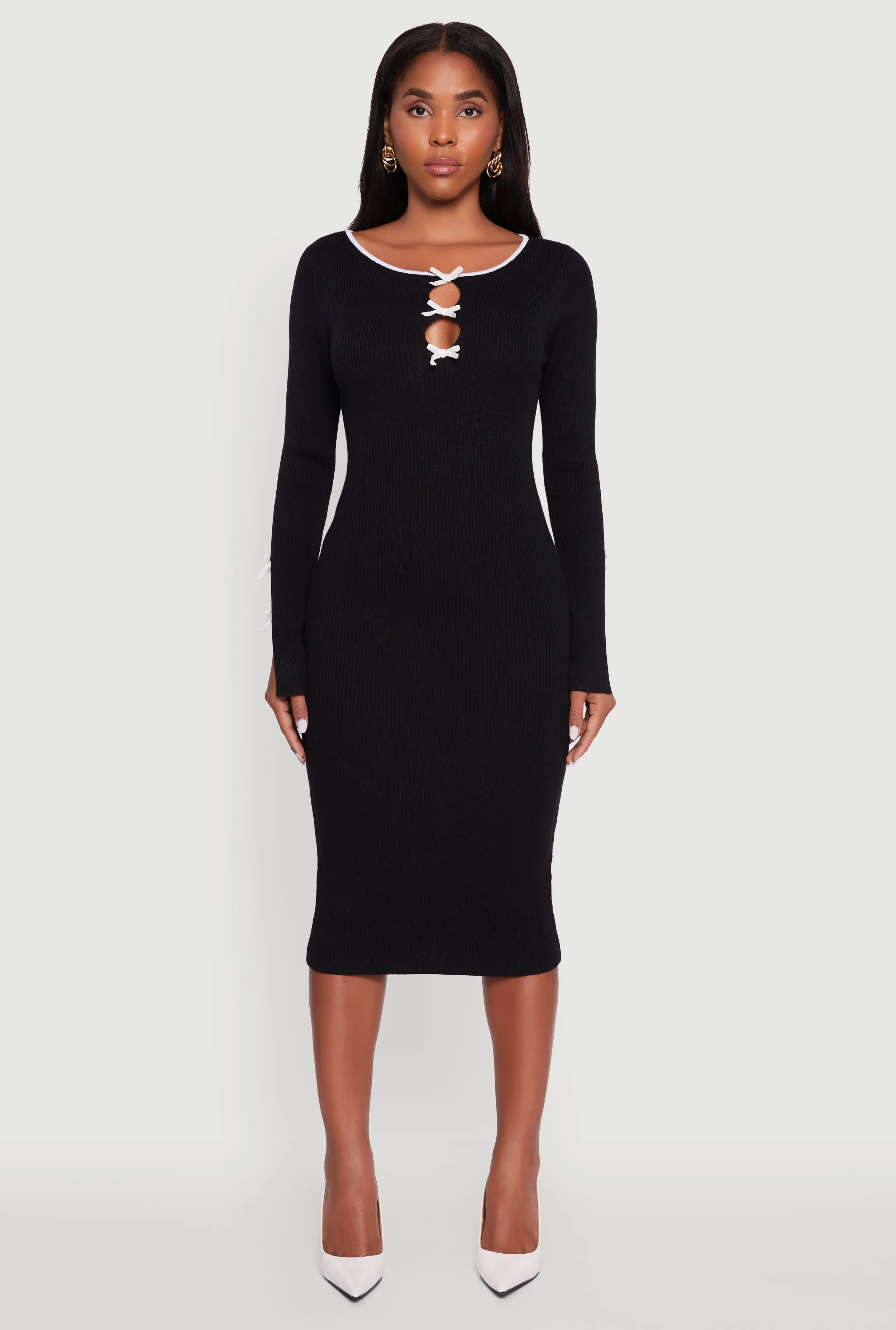 Ribbed Knit Bow Detail Sweater Midi Dress sold by Rainbow product image thumbnail 2