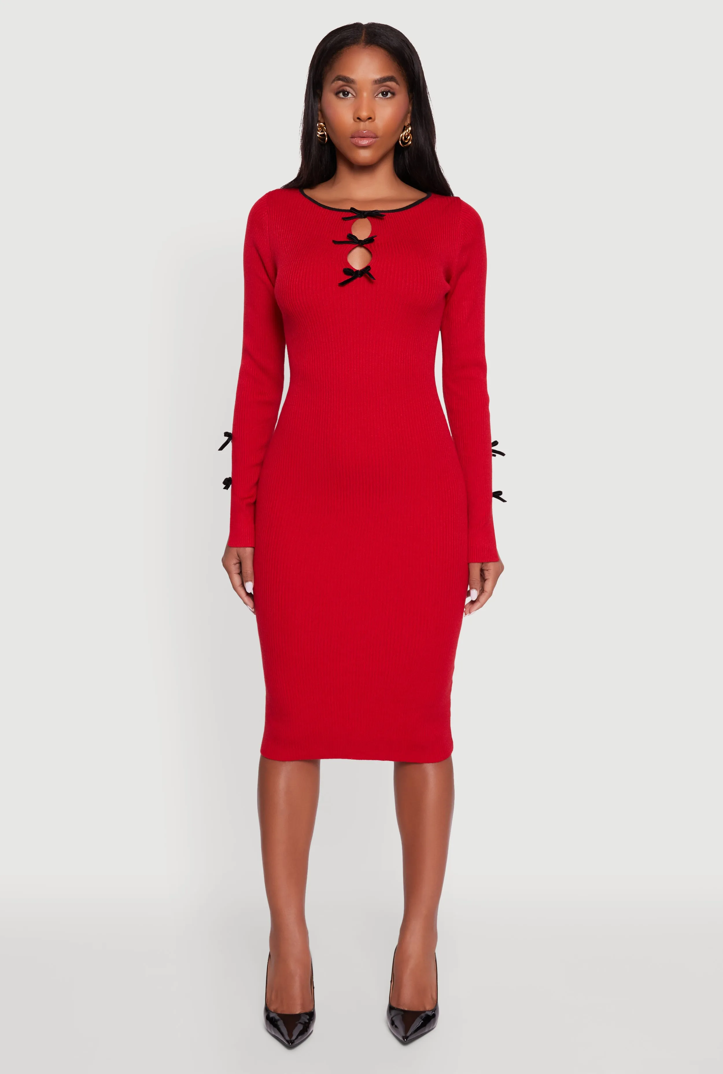 Ribbed Knit Bow Detail Sweater Midi Dress sold by Rainbow product image thumbnail 2