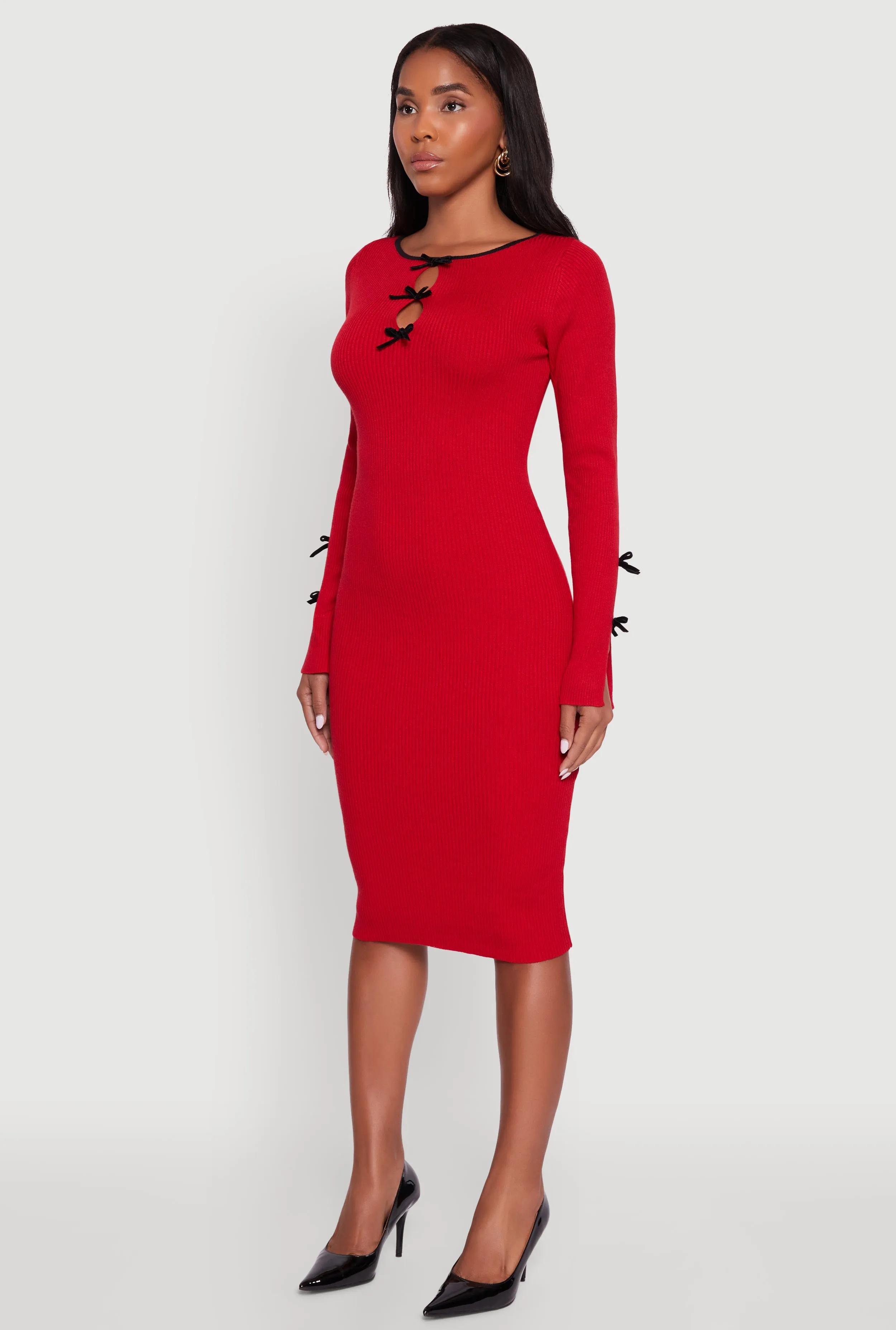 Ribbed Knit Bow Detail Sweater Midi Dress sold by Rainbow product image thumbnail 3