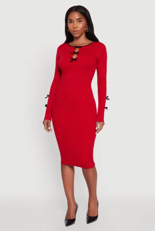 Ribbed Knit Bow Detail Sweater Midi Dress sold by Rainbow