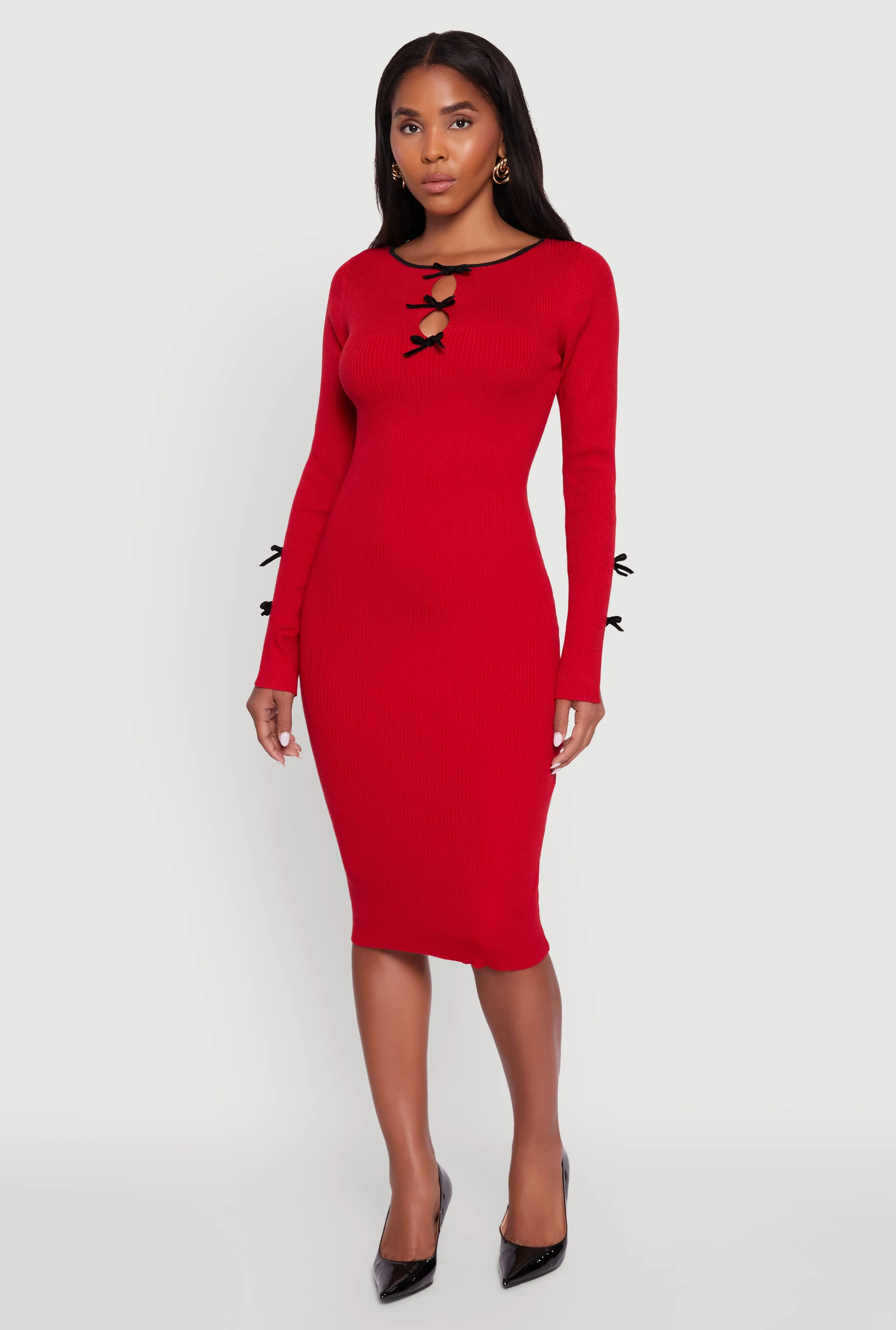 Ribbed Knit Bow Detail Sweater Midi Dress sold by Rainbow