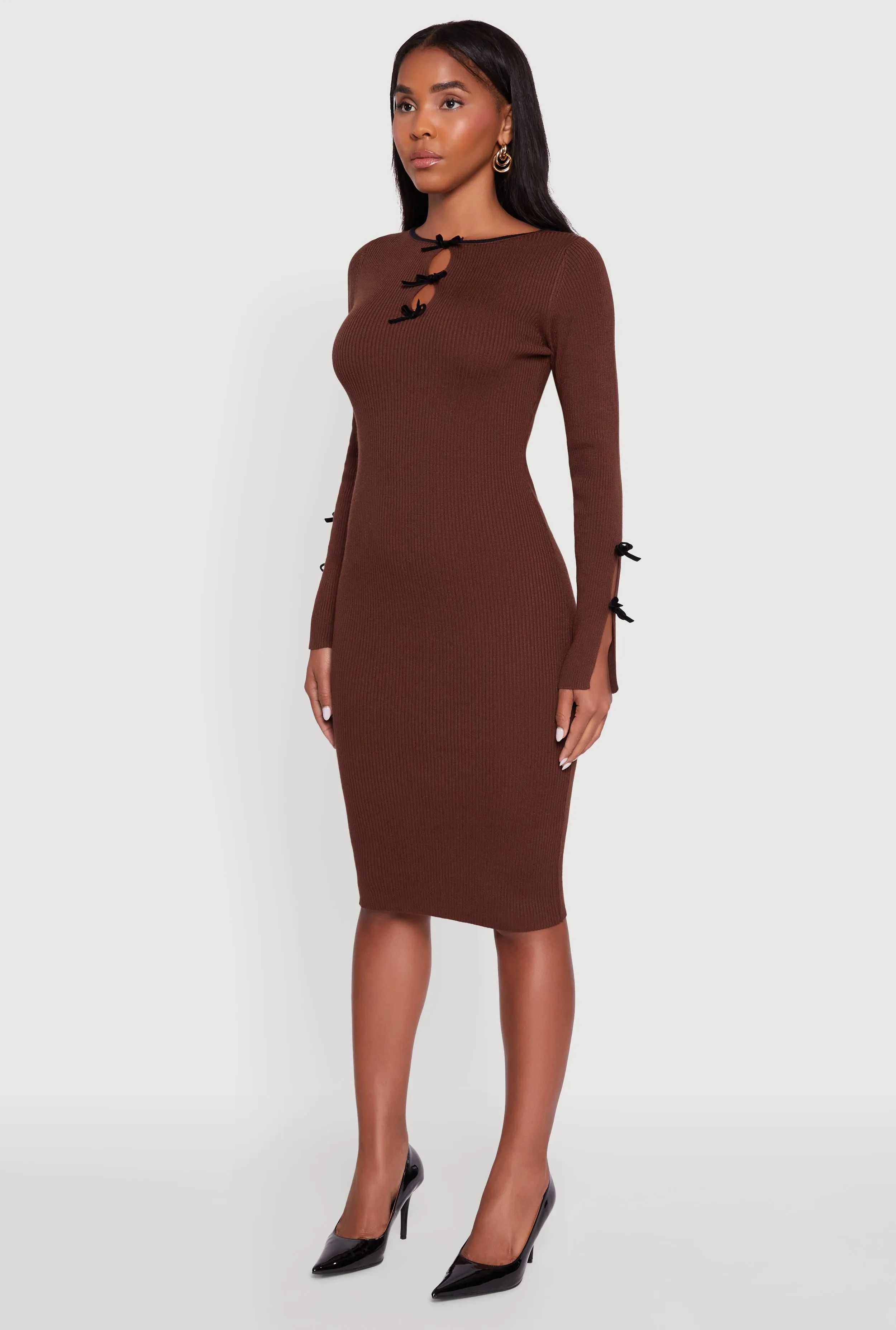 Ribbed Knit Bow Detail Sweater Midi Dress sold by Rainbow product image thumbnail 3