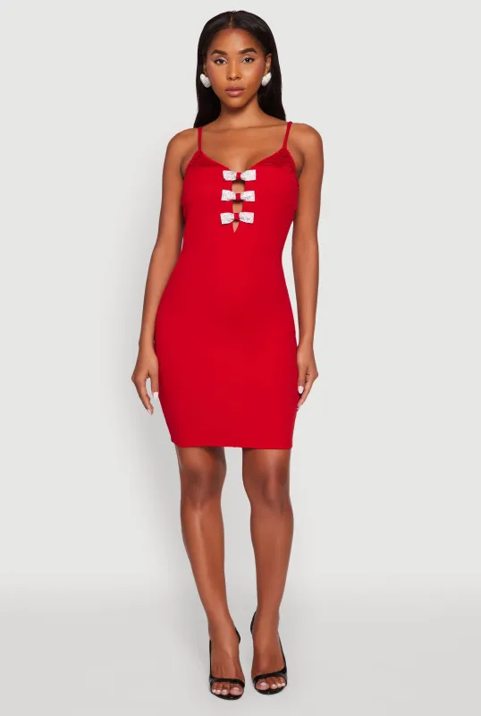 Sleeveless Crepe Knit Mini Dress with Rhinestone Bows sold by Rainbow