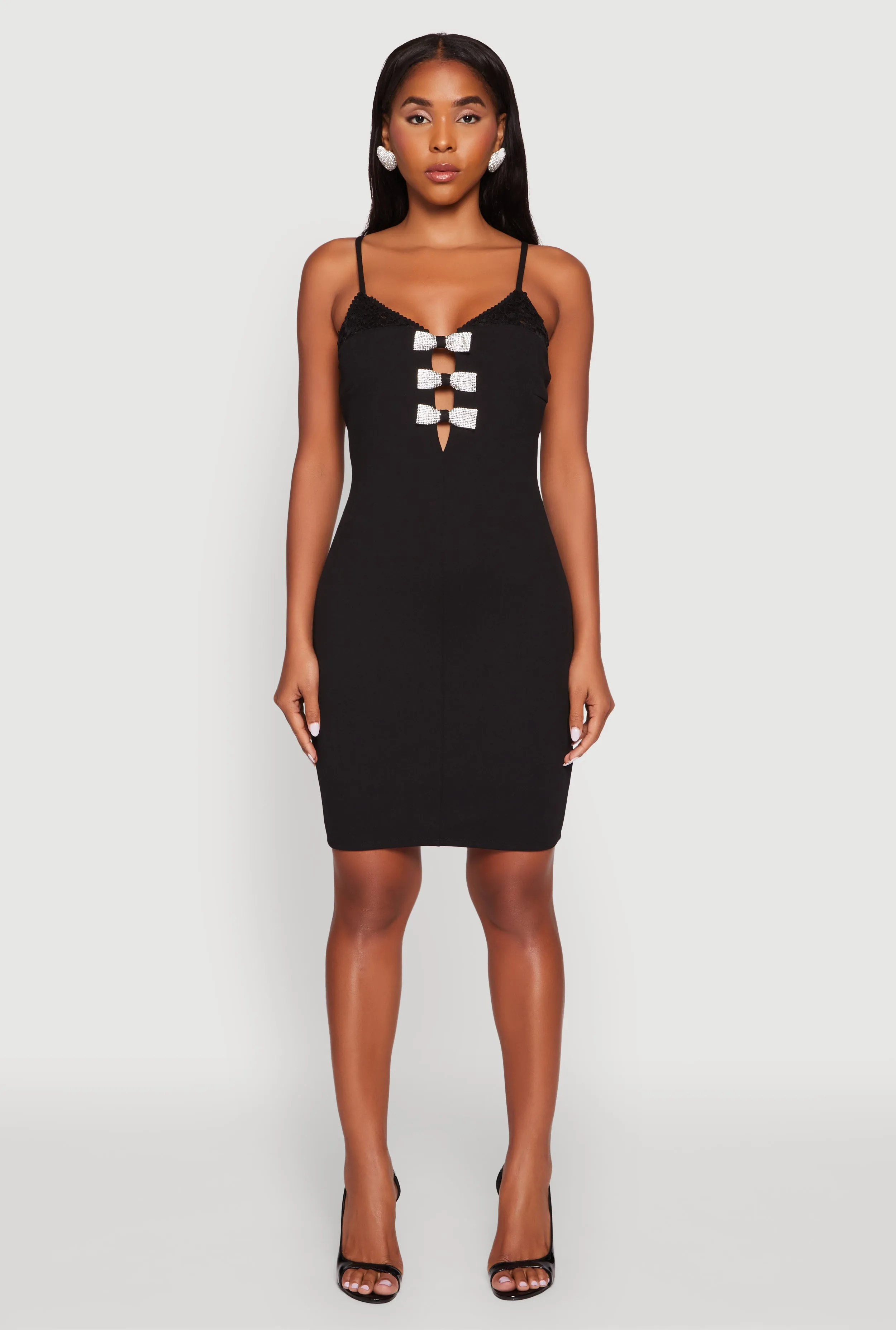 Sleeveless Crepe Knit Mini Dress with Rhinestone Bows sold by Rainbow