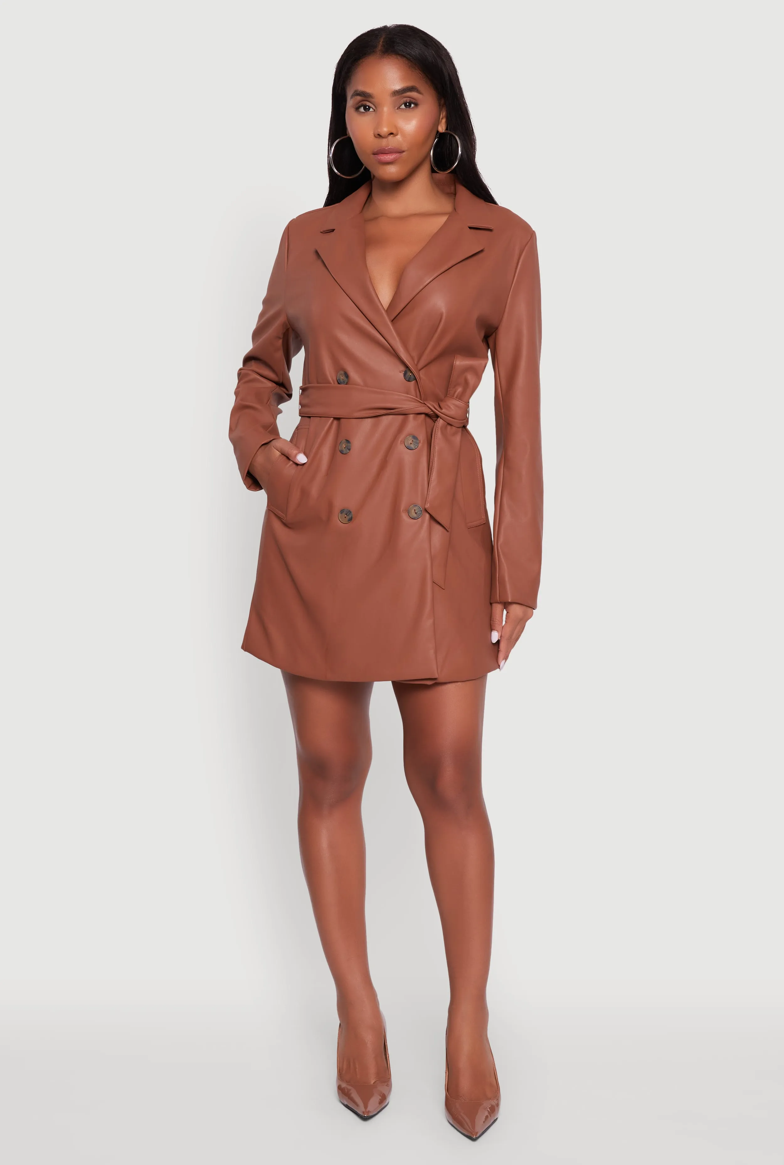 Faux Leather Double Breasted Trench Coat with Tie Waist Belt sold by Rainbow