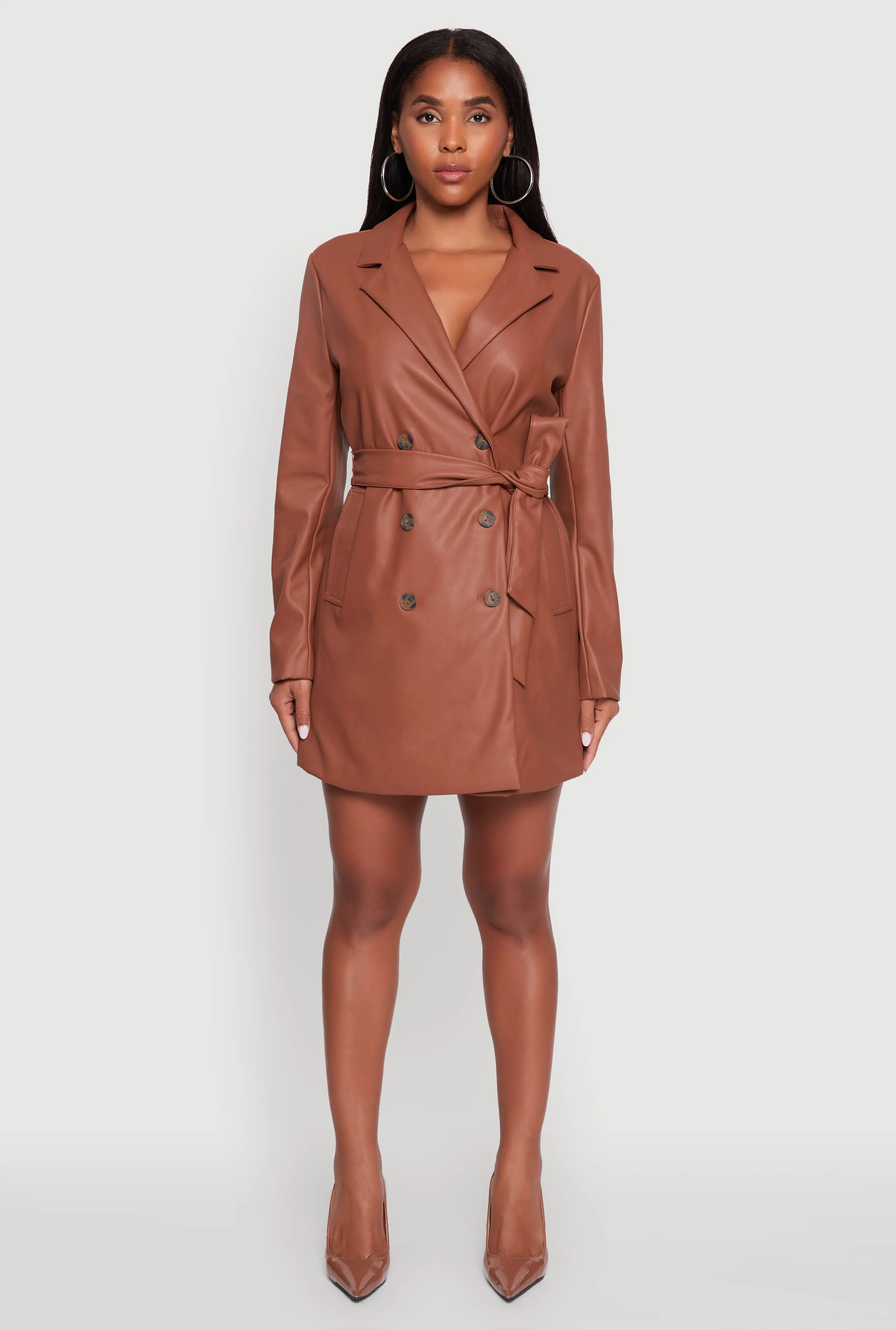 Faux Leather Double Breasted Trench Coat with Tie Waist Belt sold by Rainbow product image thumbnail 3