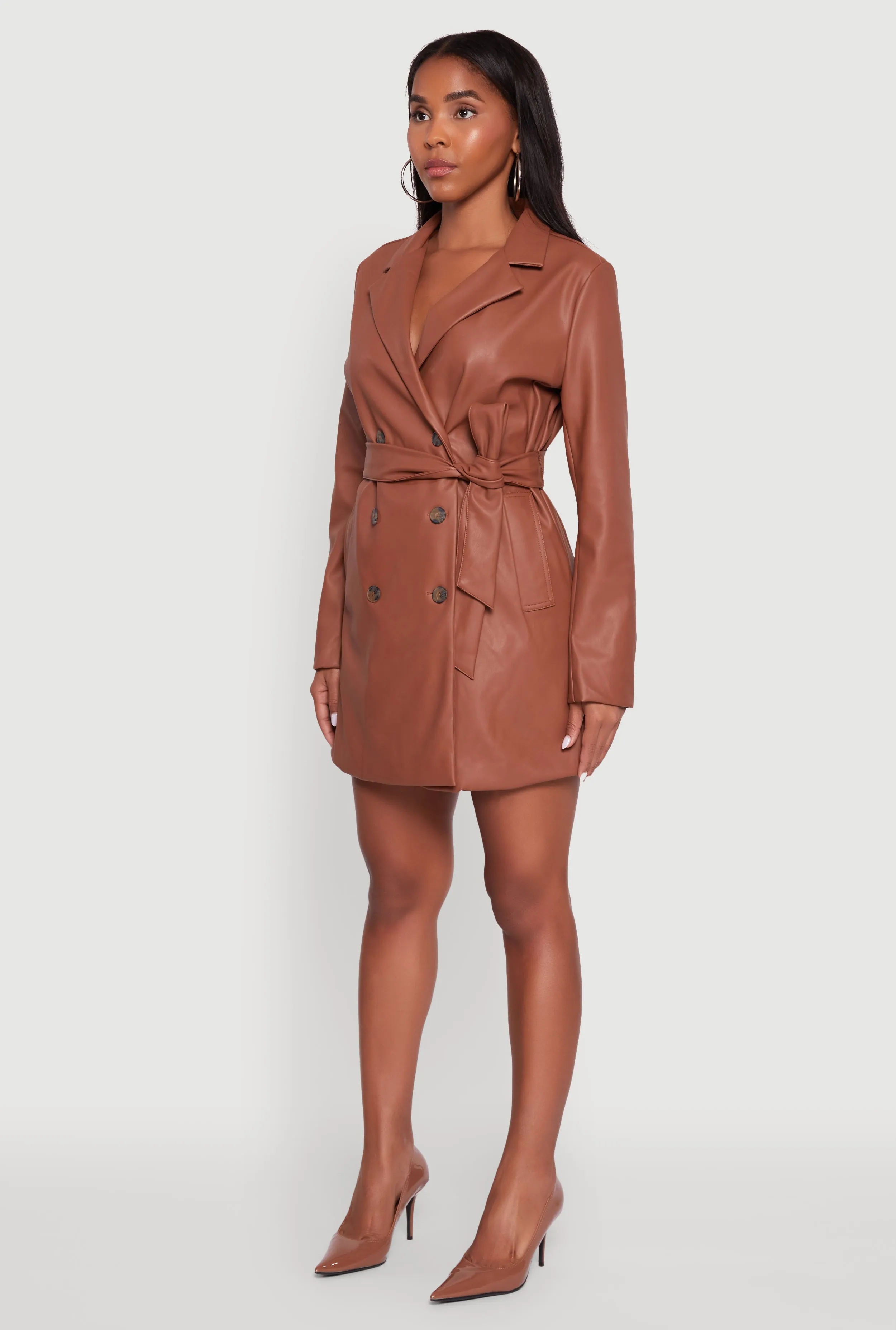 Faux Leather Double Breasted Trench Coat with Tie Waist Belt sold by Rainbow product image thumbnail 5