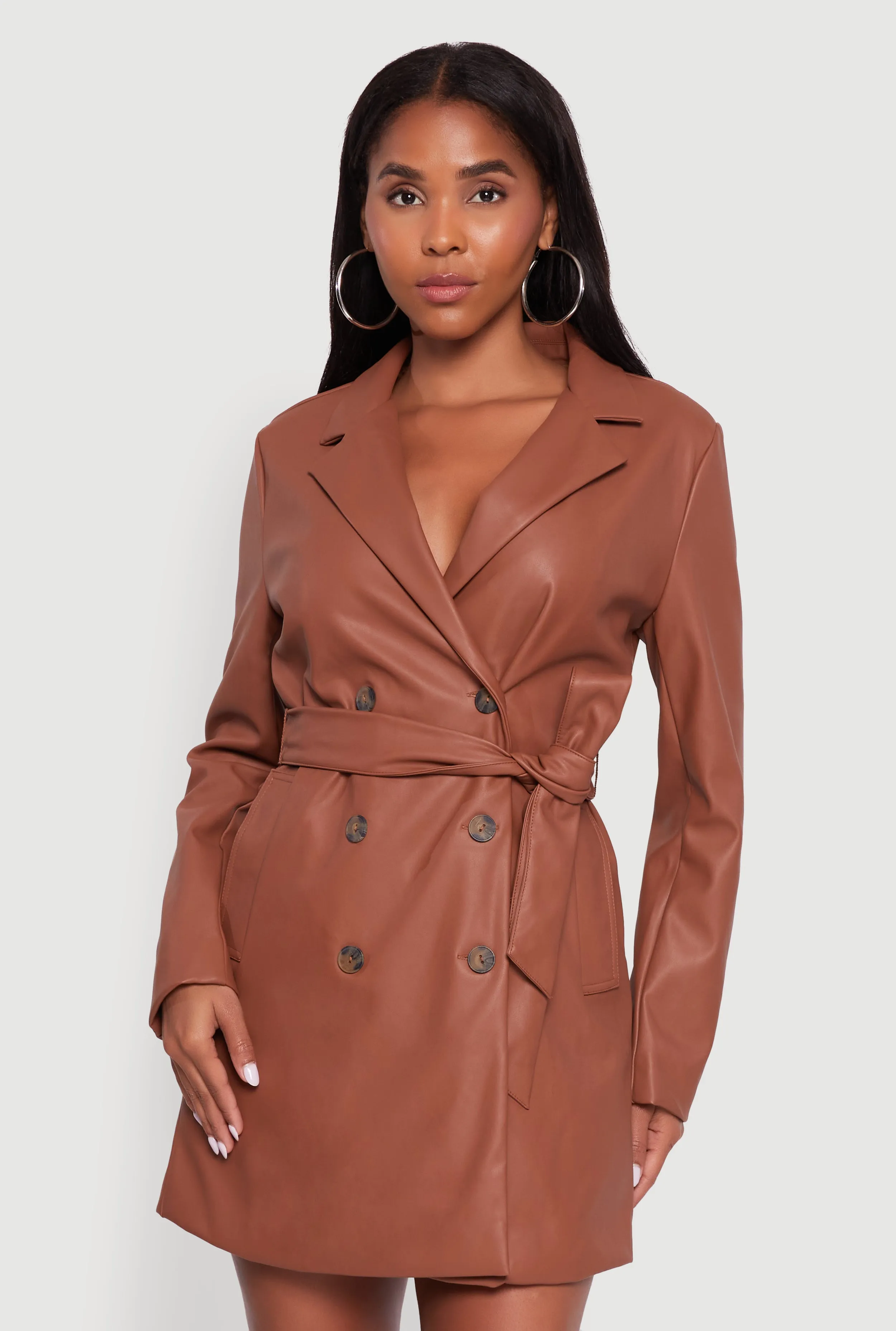 Faux Leather Double Breasted Trench Coat with Tie Waist Belt sold by Rainbow product image thumbnail 2