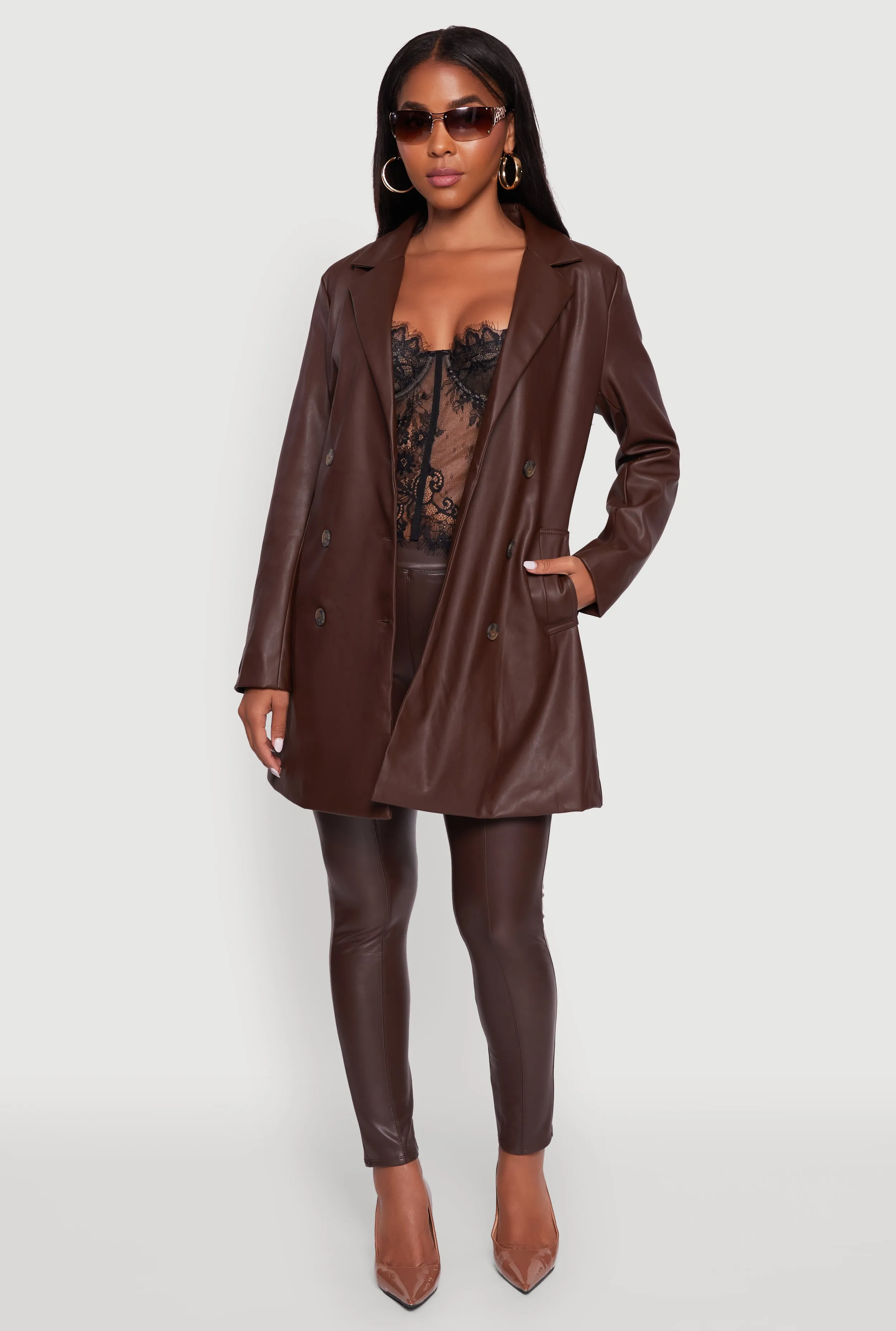 Faux Leather Double Breasted Trench Coat with Tie Waist Belt sold by Rainbow