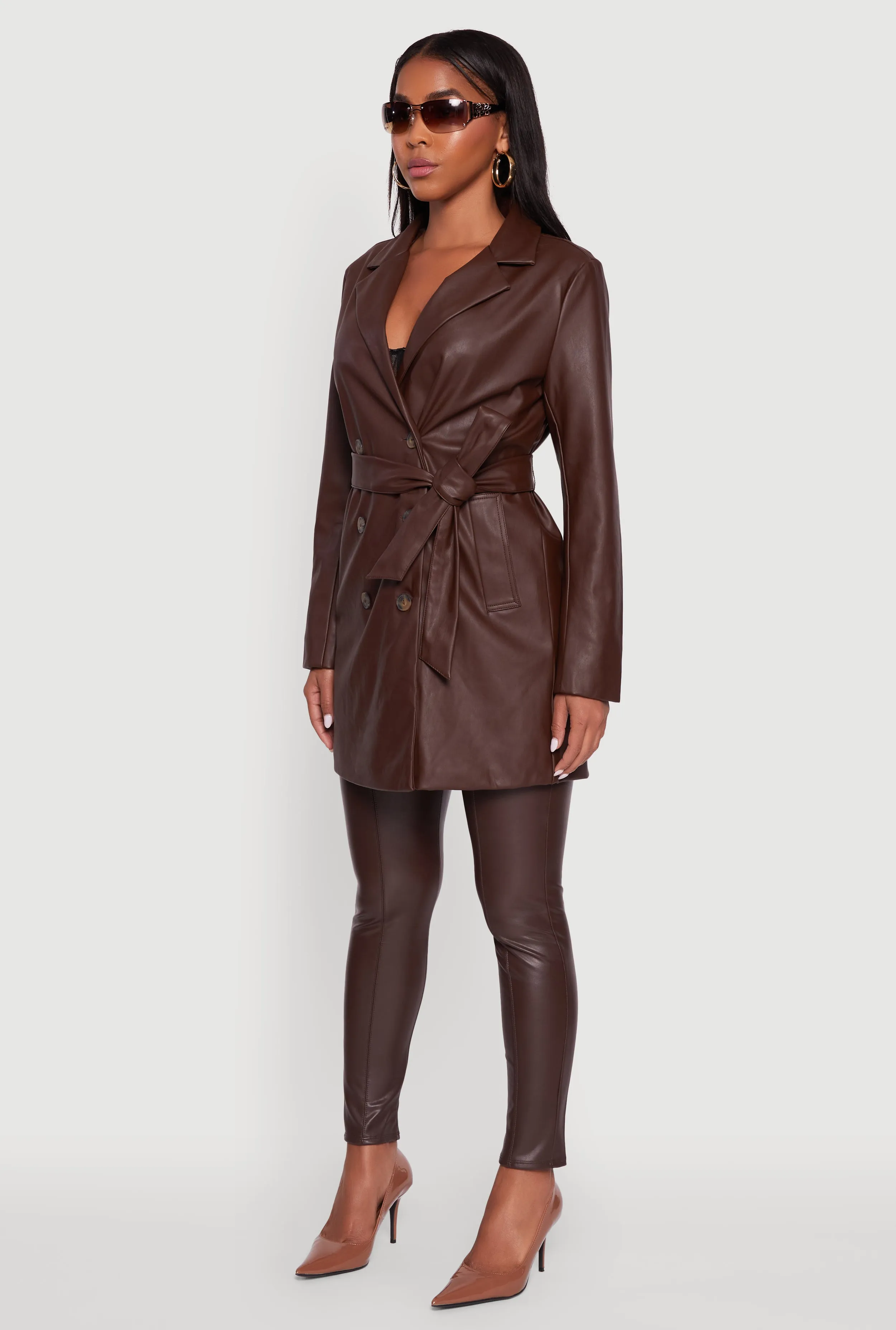 Faux Leather Double Breasted Trench Coat with Tie Waist Belt sold by Rainbow product image thumbnail 5