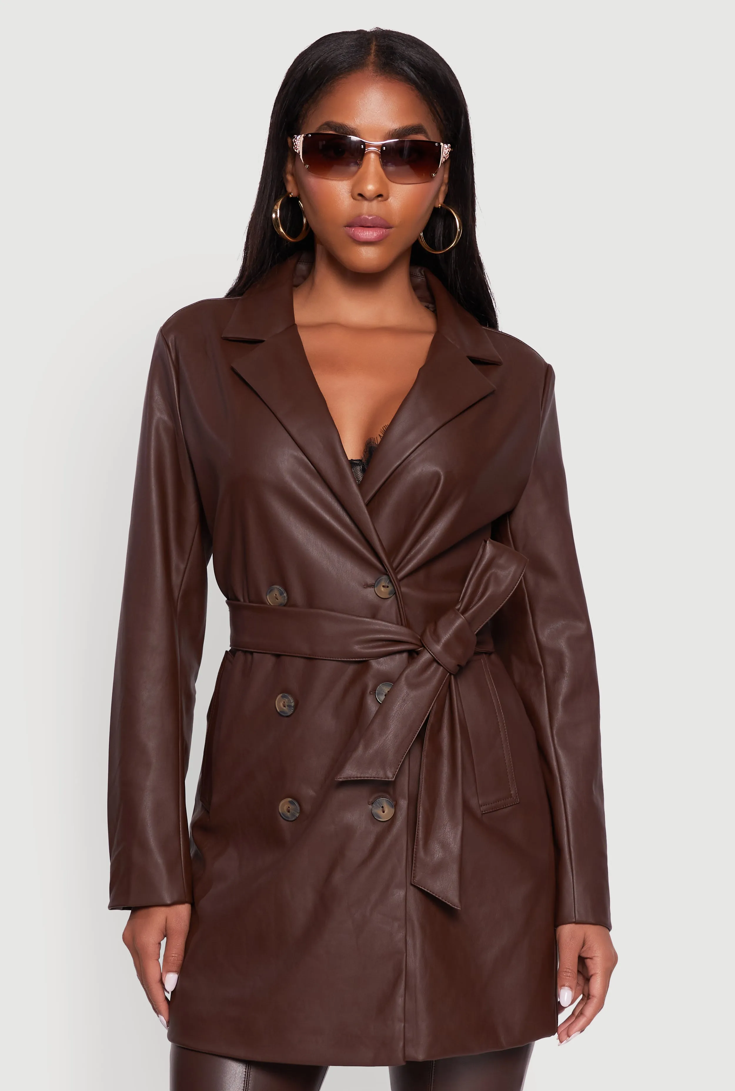 Faux Leather Double Breasted Trench Coat with Tie Waist Belt sold by Rainbow product image thumbnail 2