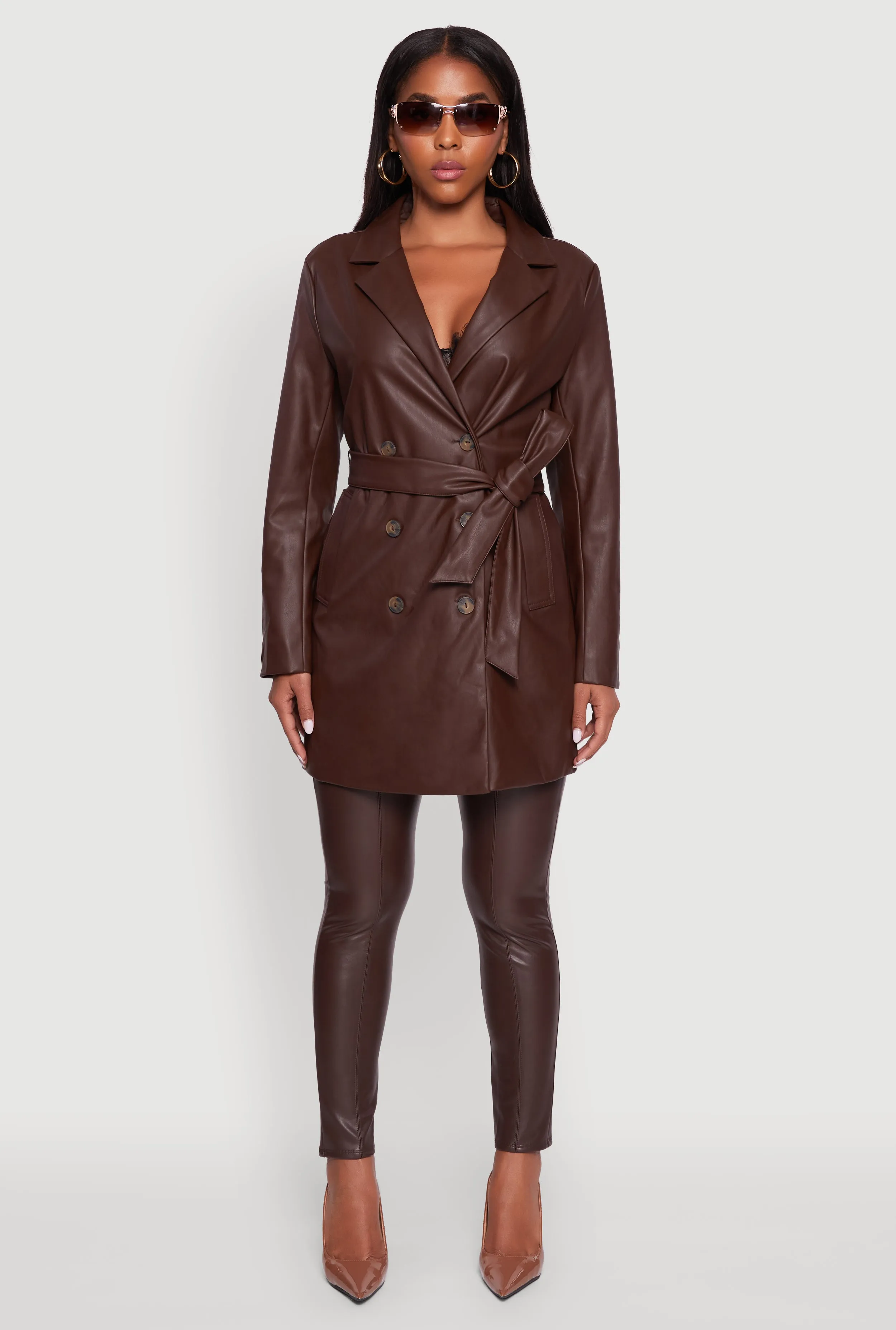 Faux Leather Double Breasted Trench Coat with Tie Waist Belt sold by Rainbow product image thumbnail 3