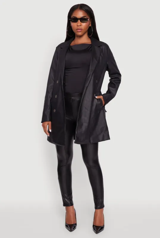 Faux Leather Double Breasted Trench Coat with Tie Waist Belt sold by Rainbow